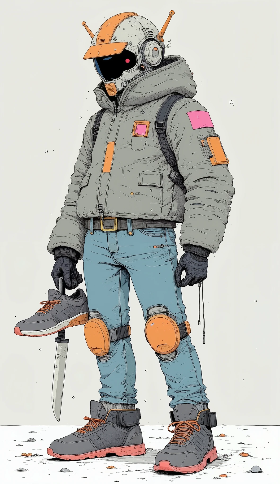 has attractive characters that fit perfectly in the light, Light Grey Background , blends futuristic robotics elements with modern fashion. The upper body is occupied by a helmet reminiscent of Gundam、, on a simple, and make you feel the influence of sci-fi and anime. This robot headpiece、Gundam Head、Fluffy, calm gray winter jacket with an angular visor and antennas, orange and pink rectangles for contrast Decorated with patches of, an urban streetwear aesthetic Emphasizes. The character's legs are wearing blue jeans with sturdy knee pads, reflect practicality and protection、, possibility of preparation or action、, casual sneakers held in one hand. knife, Grasped with one hand , adding traditional yet dynamic details、, suggests、. Overall Composition 、combines fantastic elements of mechanical design with everyday urban wardrobes, unique , It's a hybrid illustration that expresses both modernity and imagination.