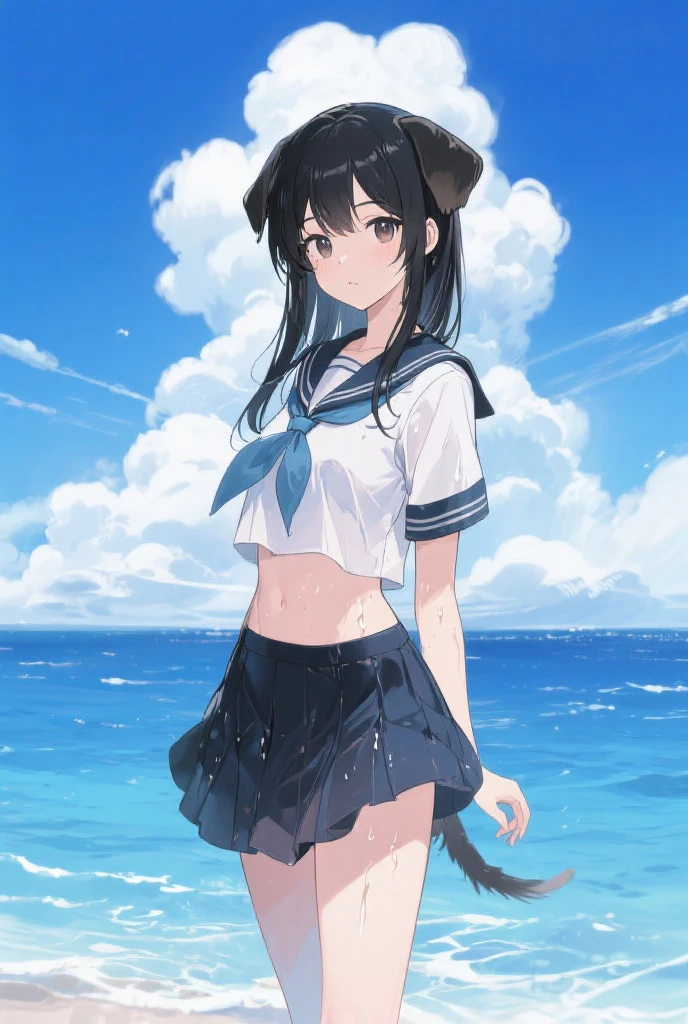 Cute white underwear visible when skirt is lifted、A blue bra showing through the uniform、barefoot、Cumulonimbus cloud and blue sky