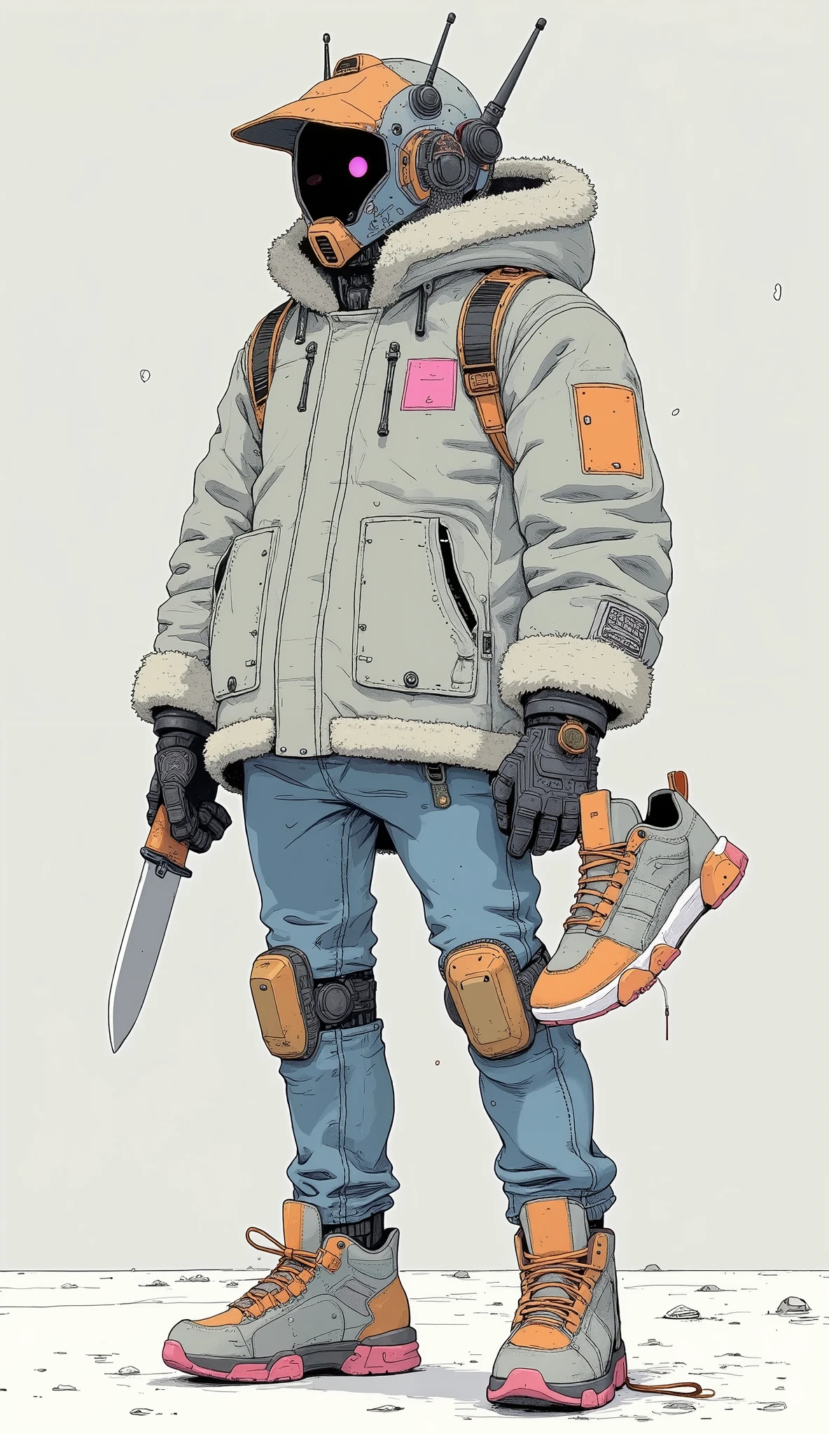 has attractive characters that fit perfectly in the light, Light Grey Background , blends futuristic robotics elements with modern fashion. The upper body is occupied by a helmet reminiscent of Gundam、, on a simple, and make you feel the influence of sci-fi and anime. This robot headpiece、Gundam Head、Fluffy, calm gray winter jacket with an angular visor and antennas, orange and pink rectangles for contrast Decorated with patches of, an urban streetwear aesthetic Emphasizes. The character's legs are wearing blue jeans with sturdy knee pads, reflect practicality and protection、, possibility of preparation or action、, casual sneakers held in one hand. knife, Grasped with one hand , adding traditional yet dynamic details、, suggests、. Overall Composition 、combines fantastic elements of mechanical design with everyday urban wardrobes, unique , It's a hybrid illustration that expresses both modernity and imagination.