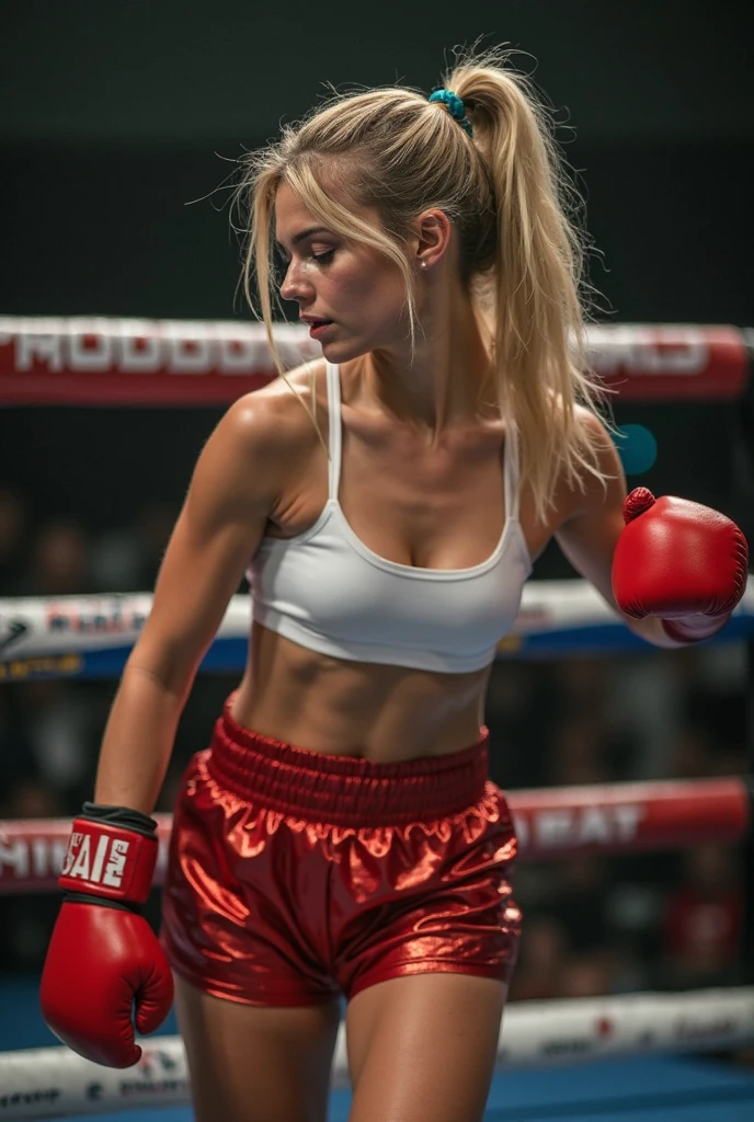 Masterpiece, pink haired woman, looks like Hillary Swank, wearing a white sports bra, black short, red boxing gloves, sweaty, in a boxing ring, realistic 