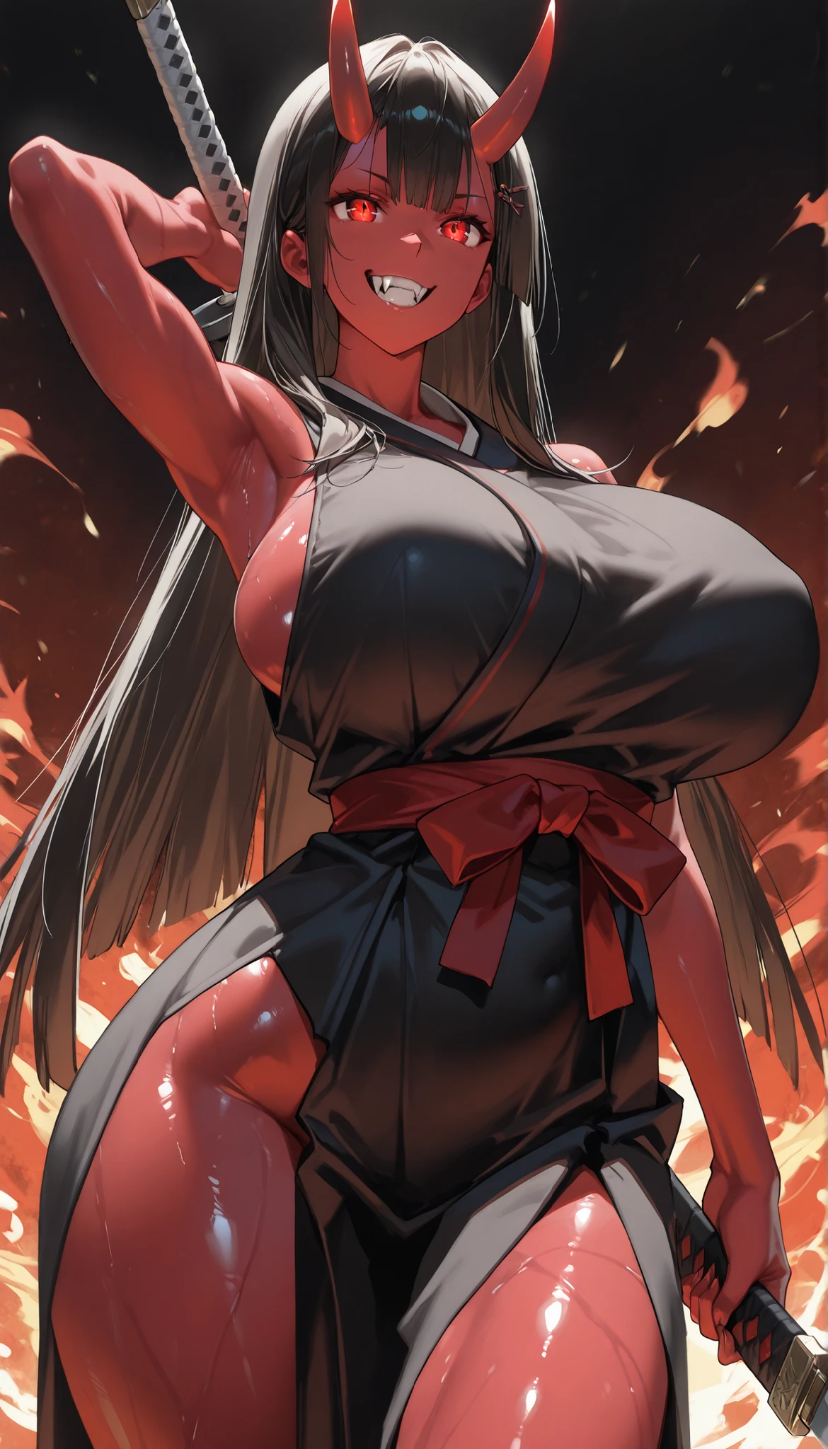 A Female(Japanese Oni),mature face,Oni Horns,Red Glowing pupil,big grin,(big fangs:1.1),(black Long straight hair,straight ban,Hairpin),(Wearing a Black kimono)(Sleeveless:1.2),(Muscular,Slim body,Big Oppai),curvy thighs,(holding One red Samurai sword In Her Hand),Cloro-toned fair skin,(Expose Her Armpit),(Shiny Skin,Red Skin),anime, anime style, UHD, retina, accurate, masterpiece, anatomically correct, textured skin, high details, high quality, 16k, 1080P, highres,Cowboy Shot,Flame background