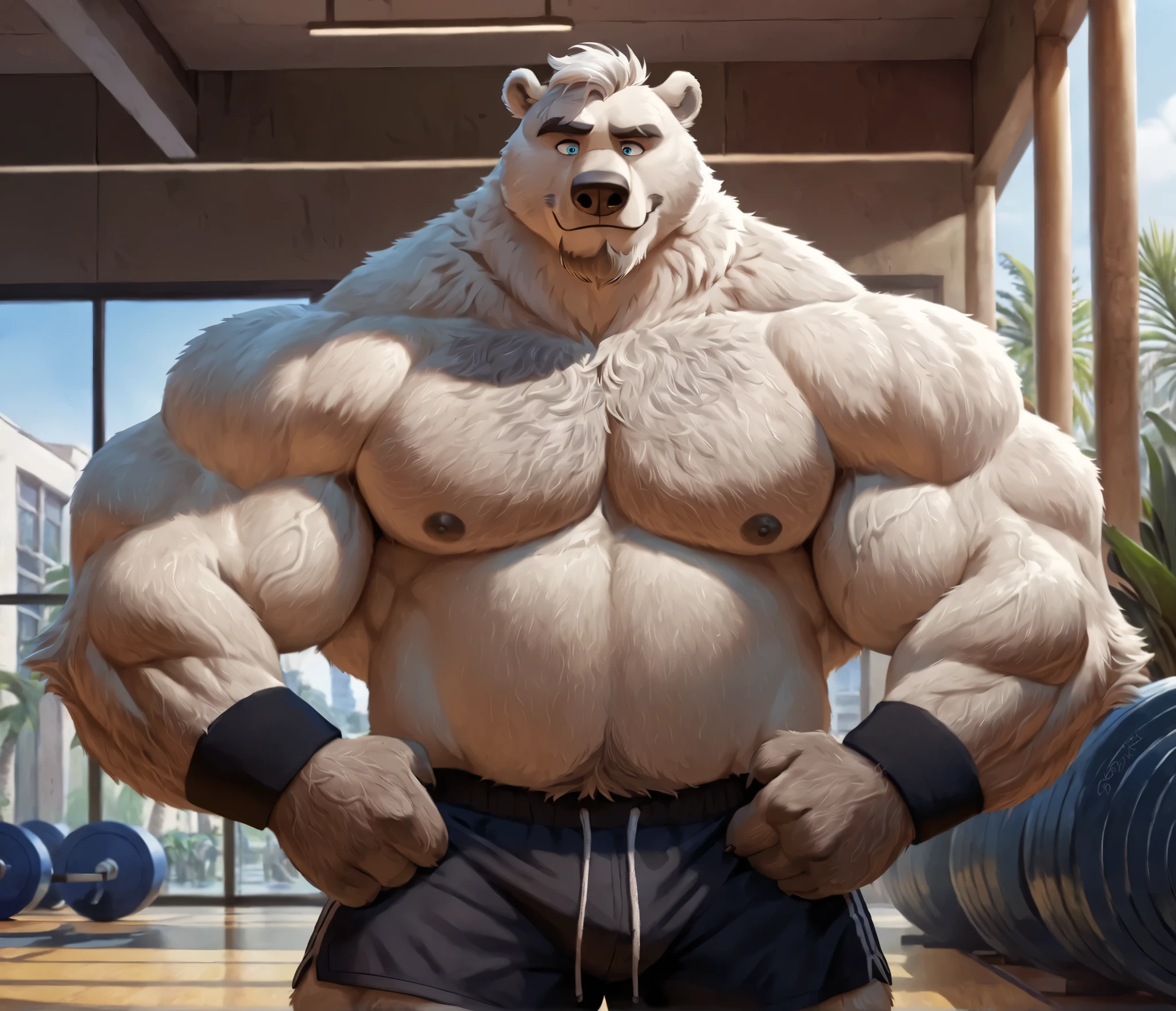 Brock Ólafsson The Huge Muscled Polar Bear, with White Hair, Shirtless, Topless, Black Wristbands and Black Gym Shorts, Flexing His Thorax.