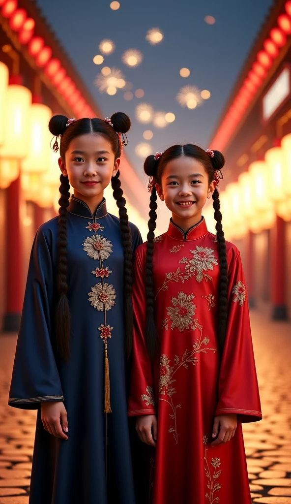 Puwei, China, 1838. A young ((((15-year-old)) WhiteLily and SnowFlower)), two girl friends, pale, beautiful, in a fair, ((smug smile)), ((((chinese clothings from the 1830s)))), ((hairstyle of the 1830s)), ((colorful))