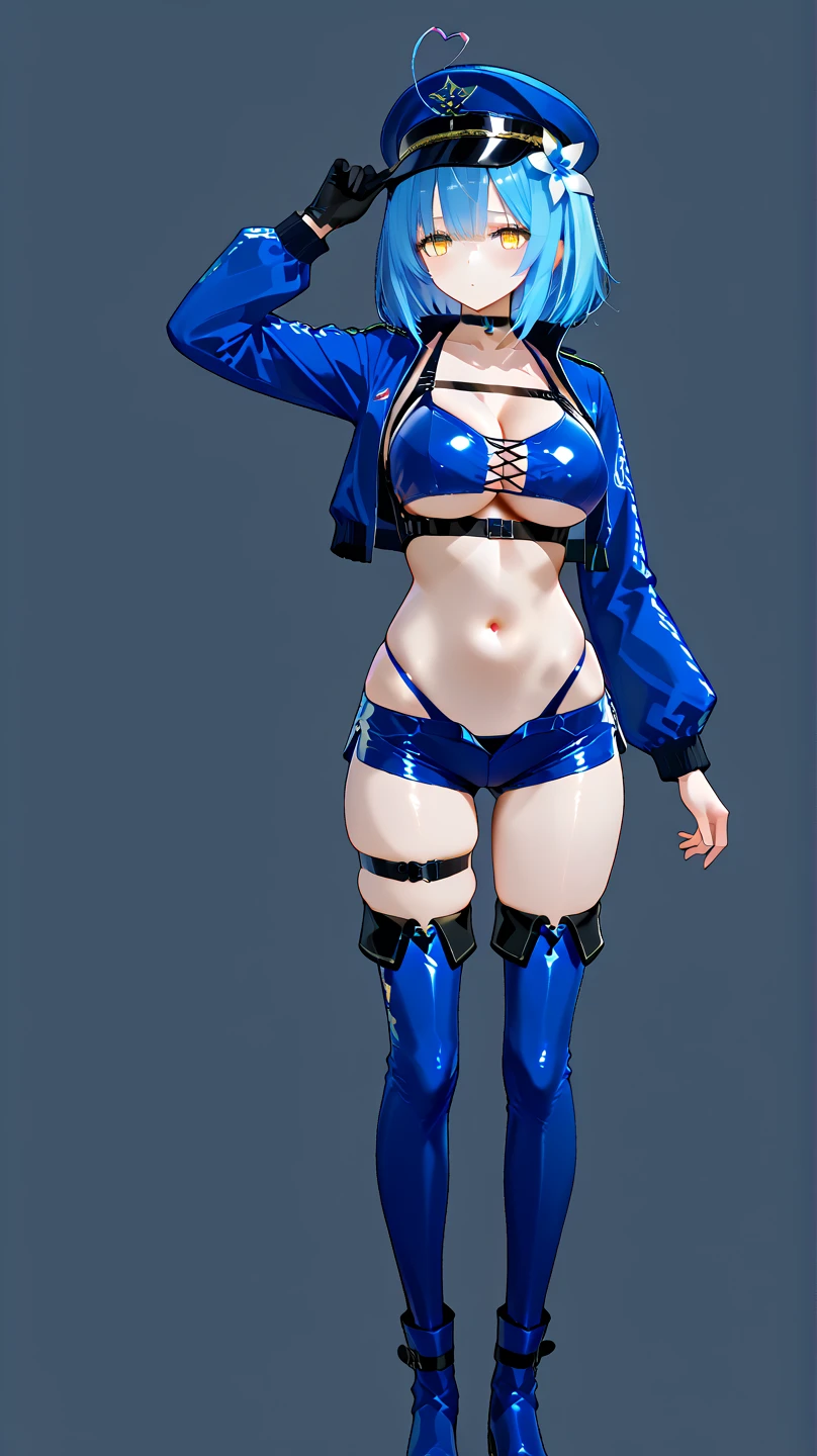 Masters of Animation, A perfect masterpiece, On a snow-white background、Cool outfits, Sexy and modern clothing、Sexy mature modern woman standing, Flowing blue hair, Spanish Curly Hair, Full Body Stand Posture, Thin legs, ((Large Breasts)), Detailed facial details, Natural and beautiful standing posture, Crisp and realistic body detail,(NSFW:0.6)