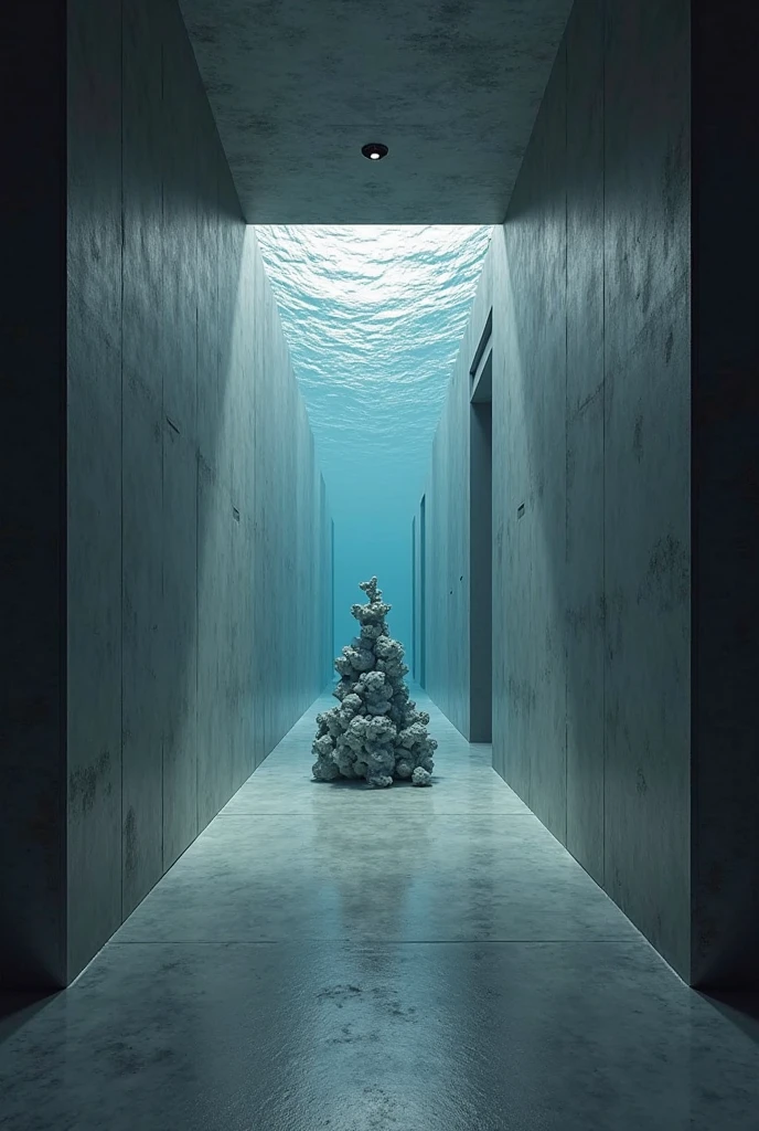 empty and dark place, the floor is made of calm water and in the center there is a woman kneeling with her head down