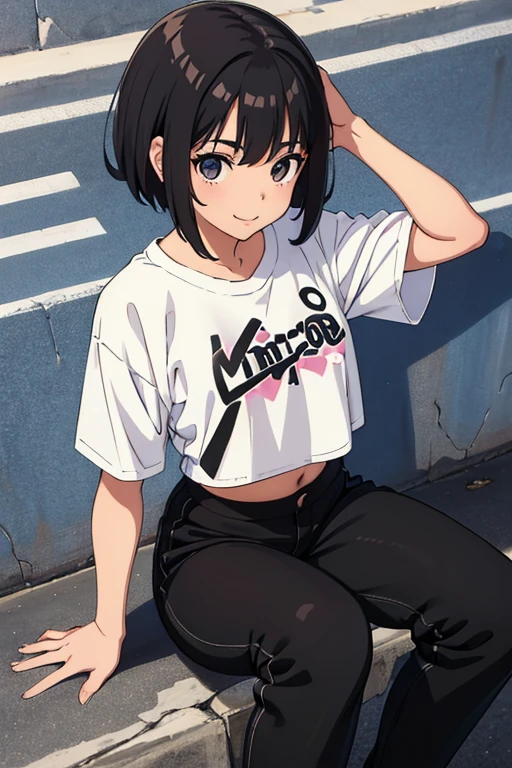 8k, original, 1girl, cute, female solo, illustration, mix, (single object), hd, absurdres, lora ((mappa studio style)), anime style, 2d, celshade style, digital art, ((solid color background)), (short bob hair, straight hair, forehead, brunette hair), wearing ((black loose baggy sweater, long sleeves, midriff, black long pants))