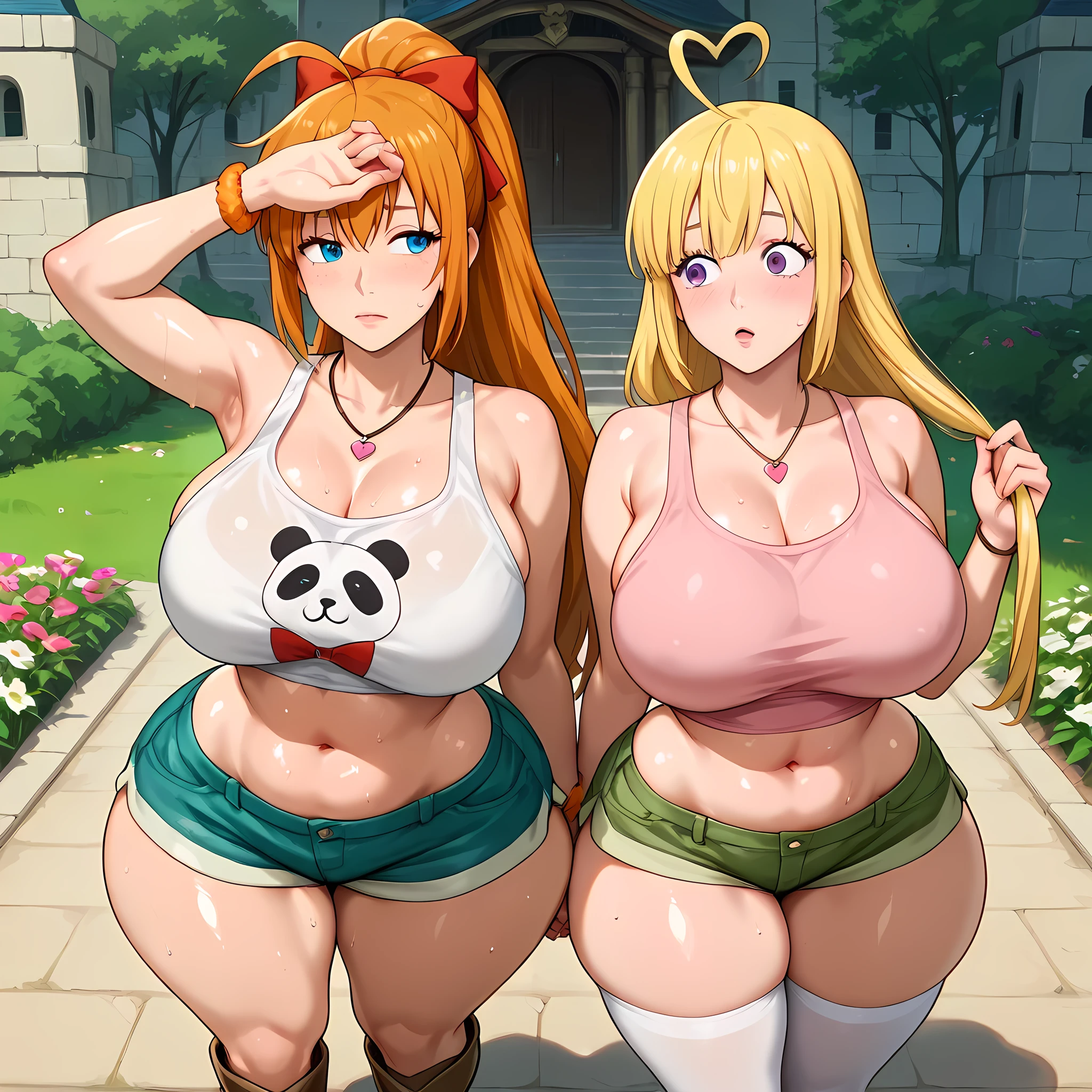 Super detailed、Highest quality、Best image quality、masterpiece、8K、(shoulder-length blonde hair、Medium Long Hair)、(laugh) 、(cheerful)、(tareme)、(big eyes)、(Beautiful shining eyes)、(High Detail Anime Eyes)、(puffy eyes)、((SFW Huge Body))、(((Rear View)))、Cowboy Shot、(Thong)、(Two women stand side by side with their butts facing the viewer.:1.5)