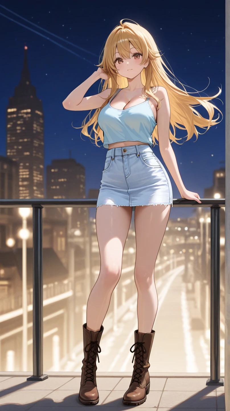 ((Best quality, 8K, masterpiece:1.3)), Anime girl, full body, very large breasts:1.6, large butt:1.9, wide hips:1.3, narrow waist:1.2, slender long legs, long wavy light brown hair:1.2, large expressive blue eyes:1.2, long eyelashes, navy blue mini skirt:1. 2, tight white t-shirt, standing against a night city background, bright neon lights:1.3, modern buildings, street with people, highly detailed skin and facial texture, detailed eyes, view of night city from a rooftop:1.3, moon in the sky, windy night, slightly dishevelled hair.