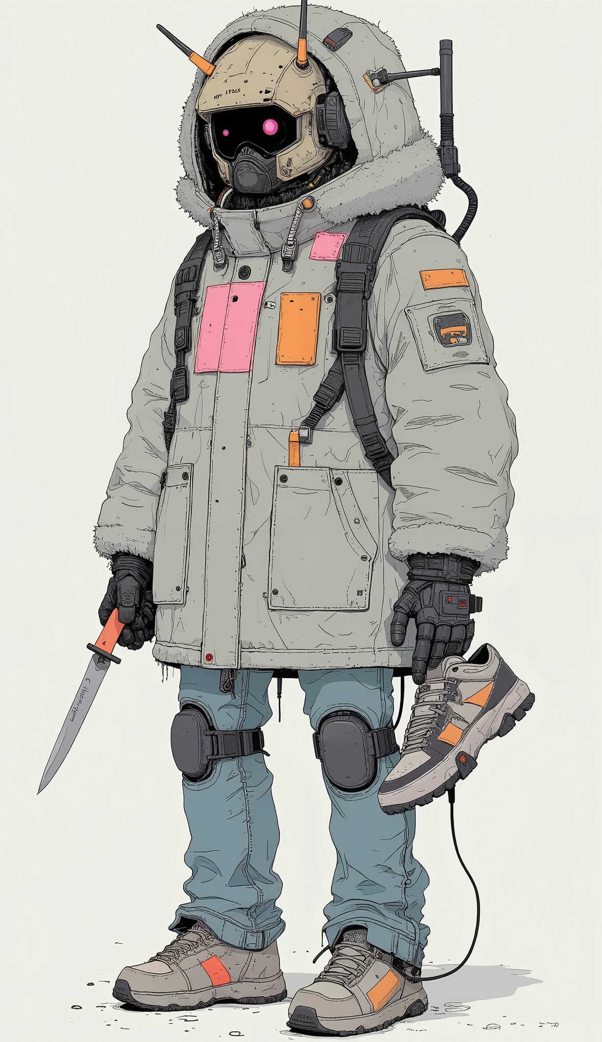has attractive characters that fit perfectly in the light, Light Grey Background , blends futuristic robotics elements with modern fashion. The upper body is occupied by a helmet reminiscent of Gundam、, on a simple, and make you feel the influence of sci-fi and anime. This robot headpiece、Gundam Head、Fluffy, calm gray winter jacket with an angular visor and antennas, orange and pink rectangles for contrast Decorated with patches of, an urban streetwear aesthetic Emphasizes. The character's legs are wearing blue jeans with sturdy knee pads, reflect practicality and protection、, possibility of preparation or action、, casual sneakers held in one hand. knife, Grasped with one hand , adding traditional yet dynamic details、, suggests、.  Overall Composition 、combines fantastic elements of mechanical design with everyday urban wardrobes, unique , It's a hybrid illustration that expresses both modernity and imagination.