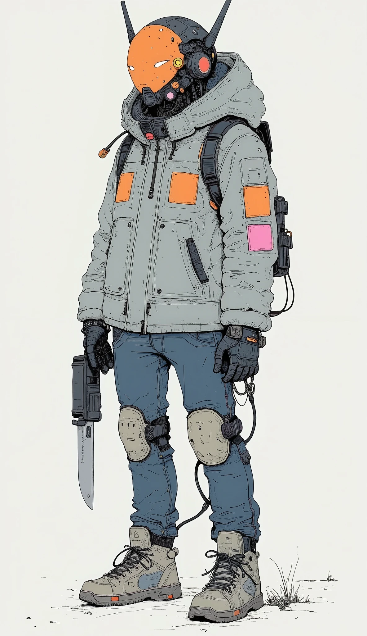 has attractive characters that fit perfectly in the light, Light Grey Background , blends futuristic robotics elements with modern fashion. The upper body is occupied by a helmet reminiscent of Gundam、, on a simple, and make you feel the influence of sci-fi and anime. This robot headpiece、Gundam Head、Fluffy, calm gray winter jacket with an angular visor and antennas, orange and pink rectangles for contrast Decorated with patches of, an urban streetwear aesthetic Emphasizes. The character's legs are wearing blue jeans with sturdy knee pads, reflect practicality and protection、, possibility of preparation or action、, casual sneakers held in one hand. knife, Grasped with one hand , adding traditional yet dynamic details、, suggests、. Overall Composition 、combines fantastic elements of mechanical design with everyday urban wardrobes, unique , It's a hybrid illustration that expresses both modernity and imagination.