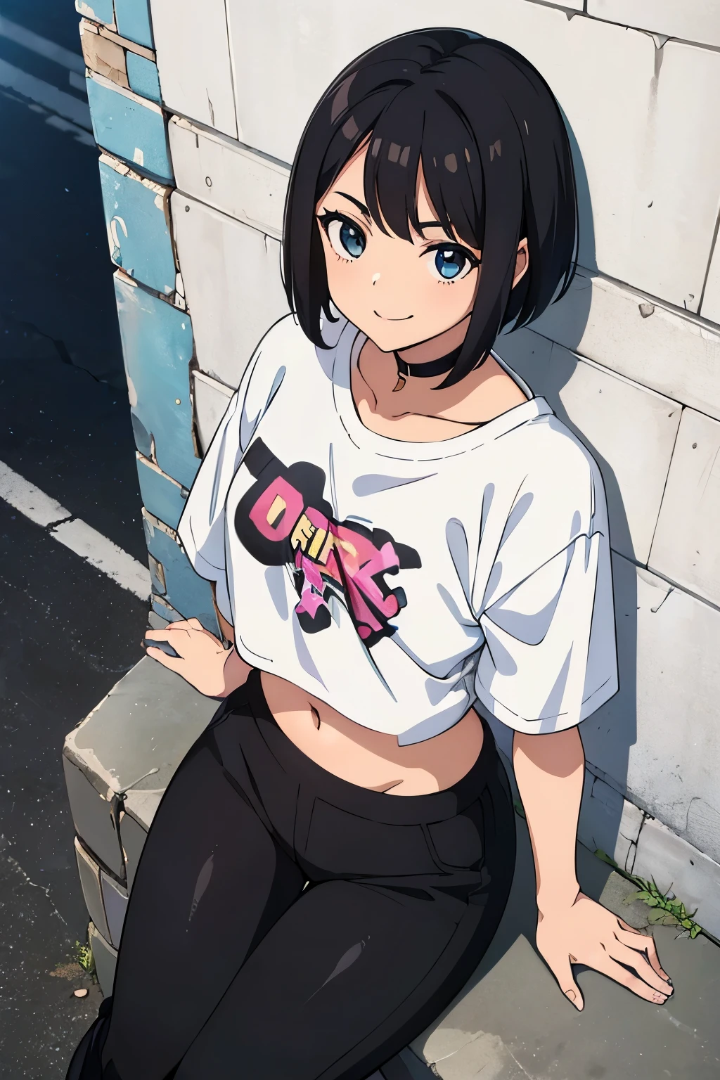 A young anime girl, bonita, 18 anos, Short black hair, wearing white cropped t shirt and black pants, smiling and posing on a graffiti brick wall ((best quality)), ((obra prima)), (( detalhado)), ((HD)), ((seen from above))