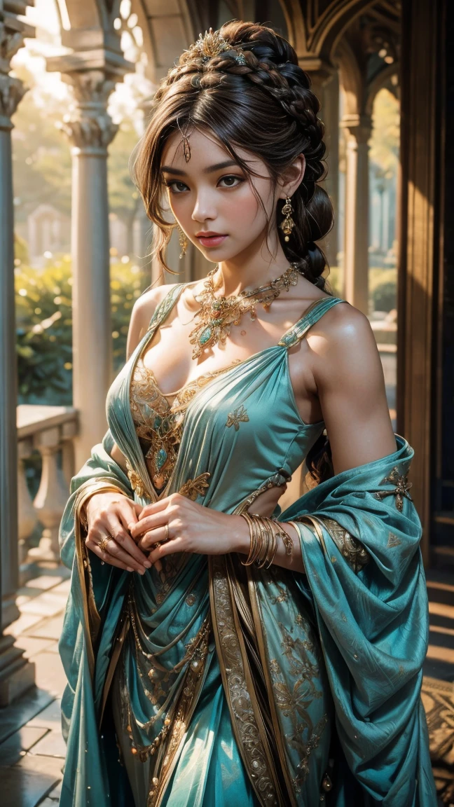 portrait photo of Abigail beautiful woman long braids sitting in pool riad sparkling (masterpiece) (best quality) (detailed) (8k) (HDR) (wallpaper) (cinematic lighting) (sharp focus) (intricate)