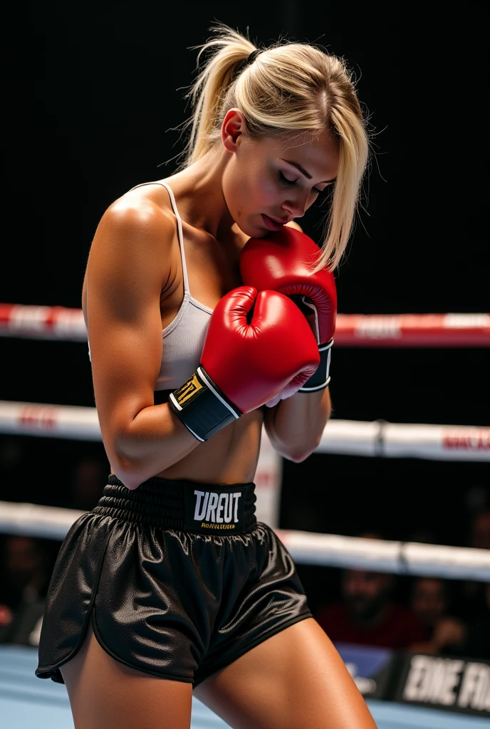 blonde super fit girl boxer in sports bra and gloves, punching weak opponent.