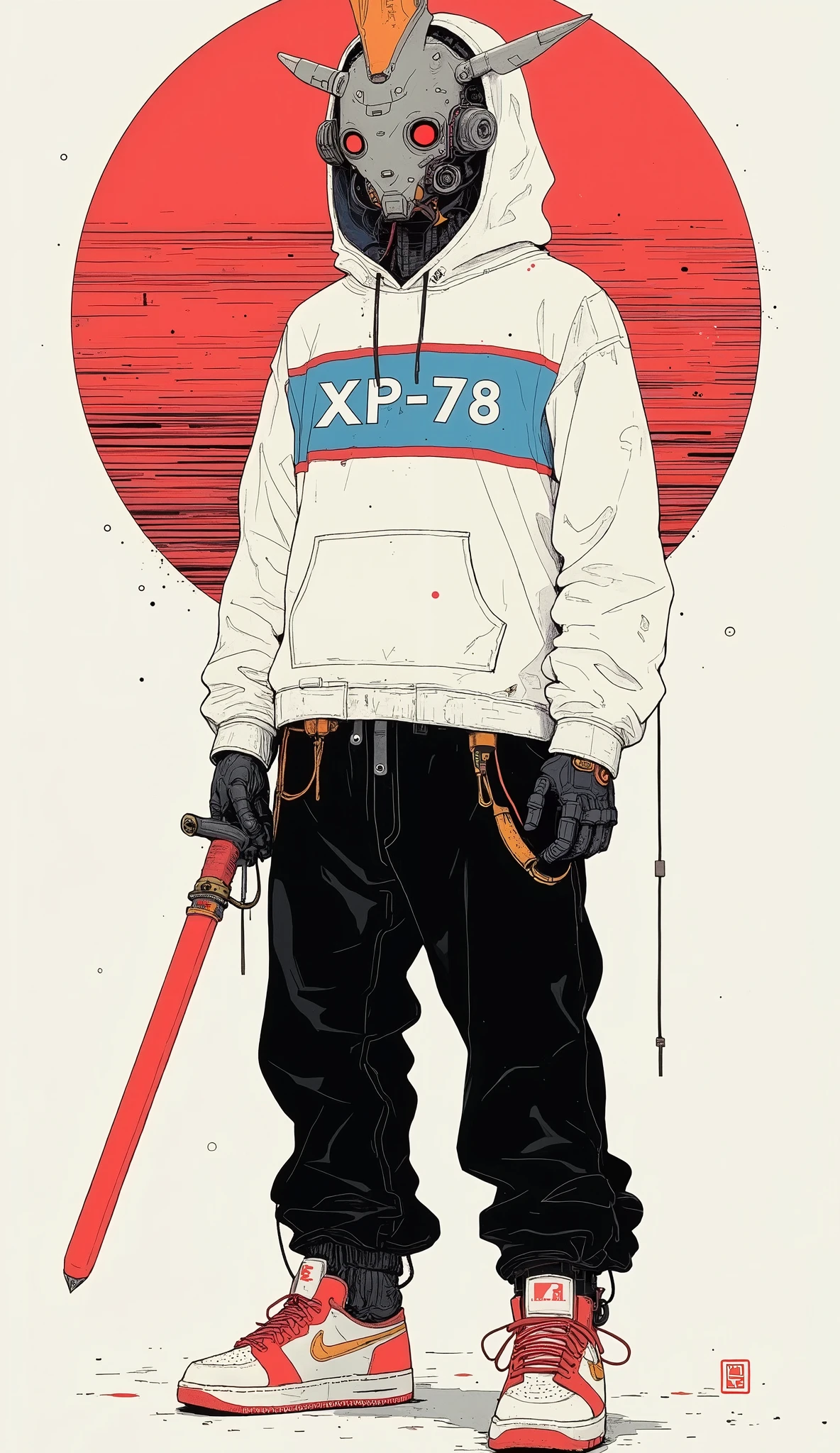 The stylized character combines elements of futuristic design and urban street fashion. this figure stands confidently , He wears a white hoodie with blue and red stripes, Displays text prominently "XP-78." A hood covers his sleek robotic head,Gundam Head、 It is reminiscent of Gundam mechas with their angular features, Prominent V-shaped crest, The visor suggests high-tech functionality. The character holds a red sword in his left hand, Highlights the fusion of traditional and modern. Black baggy pants complement the outfit, Paired with fashionable red and white Nike sneakers. The background features a circular red design made up of horizontal lines, Adds a sense of depth and movement. The overall vibe is one of futuristic rebellion, It blends anime-inspired aesthetics with modern urban culture, Makes a unique and bold visual statement.