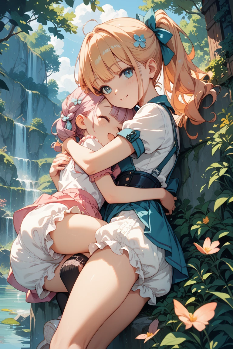 score_9, score_8_up, score_7_up, score_6_up, source_anime, cowboy shot, 2girls, yuri, skin color difference, hair color difference, height difference, age difference, spread legs, large penis, precum, Blowjob