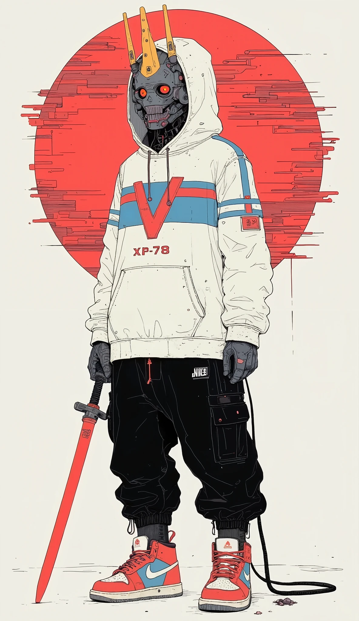 The stylized character combines elements of futuristic design and urban street fashion. this figure stands confidently , He wears a white hoodie with blue and red stripes, Displays text prominently "XP-78." A hood covers his sleek robotic head,Gundam Head、 It is reminiscent of Gundam mechas with their angular features, Prominent V-shaped crest, The visor suggests high-tech functionality. The character holds a red sword in his left hand, Highlights the fusion of traditional and modern. Black baggy pants complement the outfit, Paired with fashionable red and white Nike sneakers. The background features a circular red design made up of horizontal lines, Adds a sense of depth and movement. The overall vibe is one of futuristic rebellion, It blends anime-inspired aesthetics with modern urban culture, Makes a unique and bold visual statement.