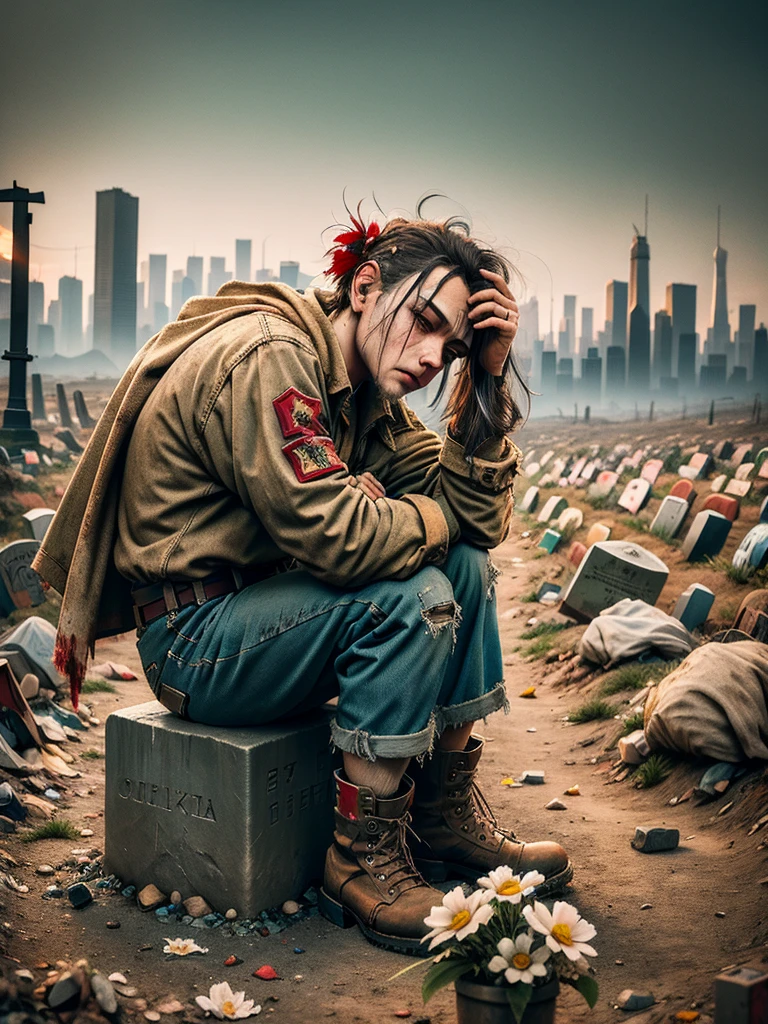 wasteland,A very poor old mech sitting on a rock thinking,Thinker,Hand on cheek,(Sitting:1.2),rust,Wearing tattered red armor,The skyline in the distance,Gothic,moss,A small white flower,Cemetery,Gothic Church,Blood red moon,Gothic Elements,wildfires,cold,gloomy