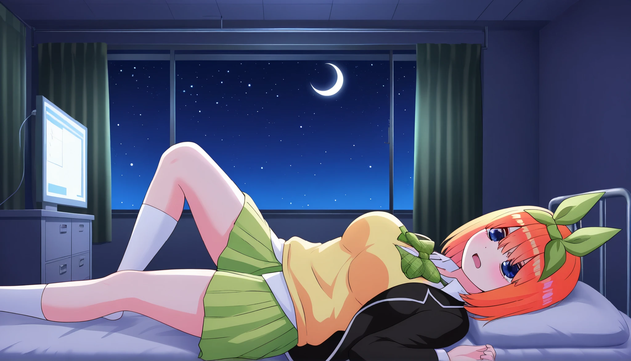 1girl,unwellness sickness nakano yotsuba, large breasts, orange hair, blue eyes, short hair, hair between eyes green bow hairband, black blazer, open blazer, yellow sweater vest, white collared shirt, bowtie, plaid bowtie, green skirt, pleated skirt,knee up,Infirmary,bed,screen,lie down on a futon,crescent moon, star (sky), dark room, night sky,
