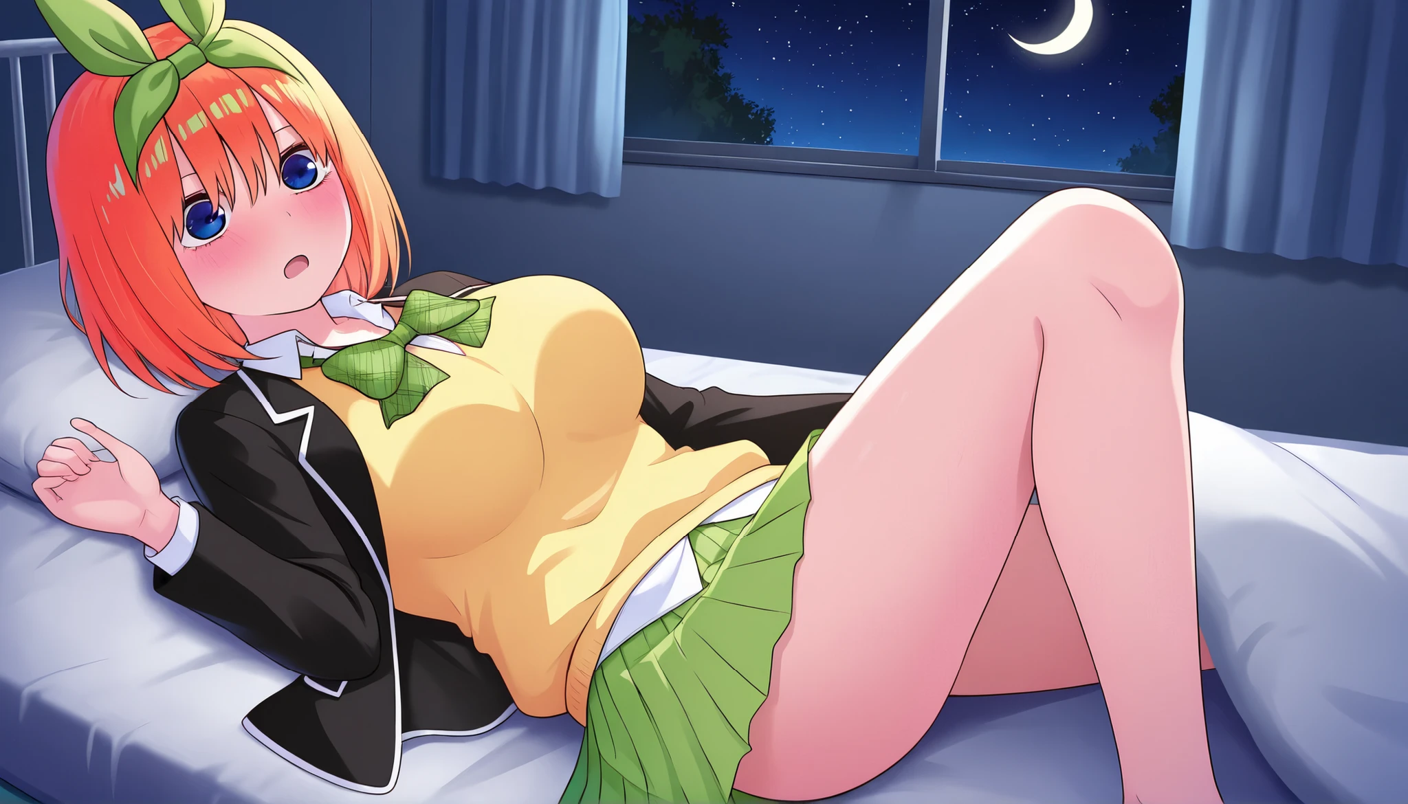 1girl,unwellness sickness nakano yotsuba, large breasts, orange hair, blue eyes, short hair, hair between eyes green bow hairband, black blazer, open blazer, yellow sweater vest, white collared shirt, bowtie, plaid bowtie, green skirt, pleated skirt,knee up,Infirmary,bed,screen,lie down on a futon,crescent moon, star (sky), dark room, night sky,