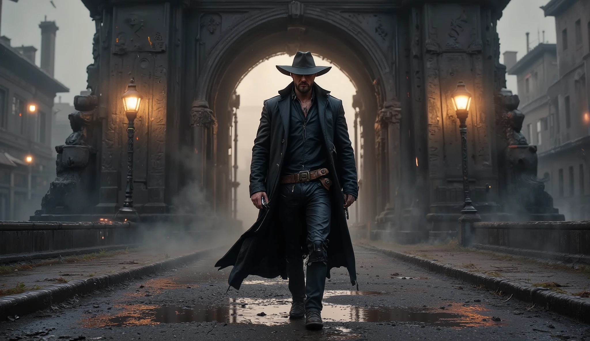 "Ground-level cinematic scene of Jack Crowley arriving at the Burnt Tower — a scorched, blackened old bell tower turned into a fortress of power and torture, looming over the City of the Dead. Jack walks slowly through the muddy, rain-soaked street, his dark duster coat trailing behind him, soaked and heavy. The camera captures the moment from low angle, near the ground, with puddles in sharp focus and reflections of the tower's flickering torchlight shimmering in the water. Thunder rumbles as the fog parts, revealing the charred stone tower with jagged edges, iron bars over shattered windows, and bloodstained symbols etched into the stone. Chains hang from the sides, swaying in the cold wind. Jack's face is grim and unreadable, eyes fixed on the gate. The light from a torch casts dancing shadows over his revolver and the wet leather of his coat. Crows scatter from the battlements above. Rain falls steadily, mingling with smoke and distant screams."

Style: Hyperrealistic cinematic photography, ultra-sharp focus on Jack’s weathered face and glistening weapon, deep contrast lighting, mist and smoke layering, golden-hour fading into storm-dark tones, gritty realism, western gothic aesthetic.

Camera: Full-frame DSLR, 35mm lens, f/2.0, ISO 800, 1/160 shutter, low ground-level angle, foreground puddles in focus, background tower in moody blur, cinematic framing with natural lens distortion and shallow depth of field.

Keywords: dark western fortress, cinematic outlaw entrance, tortured echoes, photorealistic rain and mud, dramatic storm lighting, haunted tower, chains and stone textures, grim cowboy, hyperreal atmosphere, revenge tension."