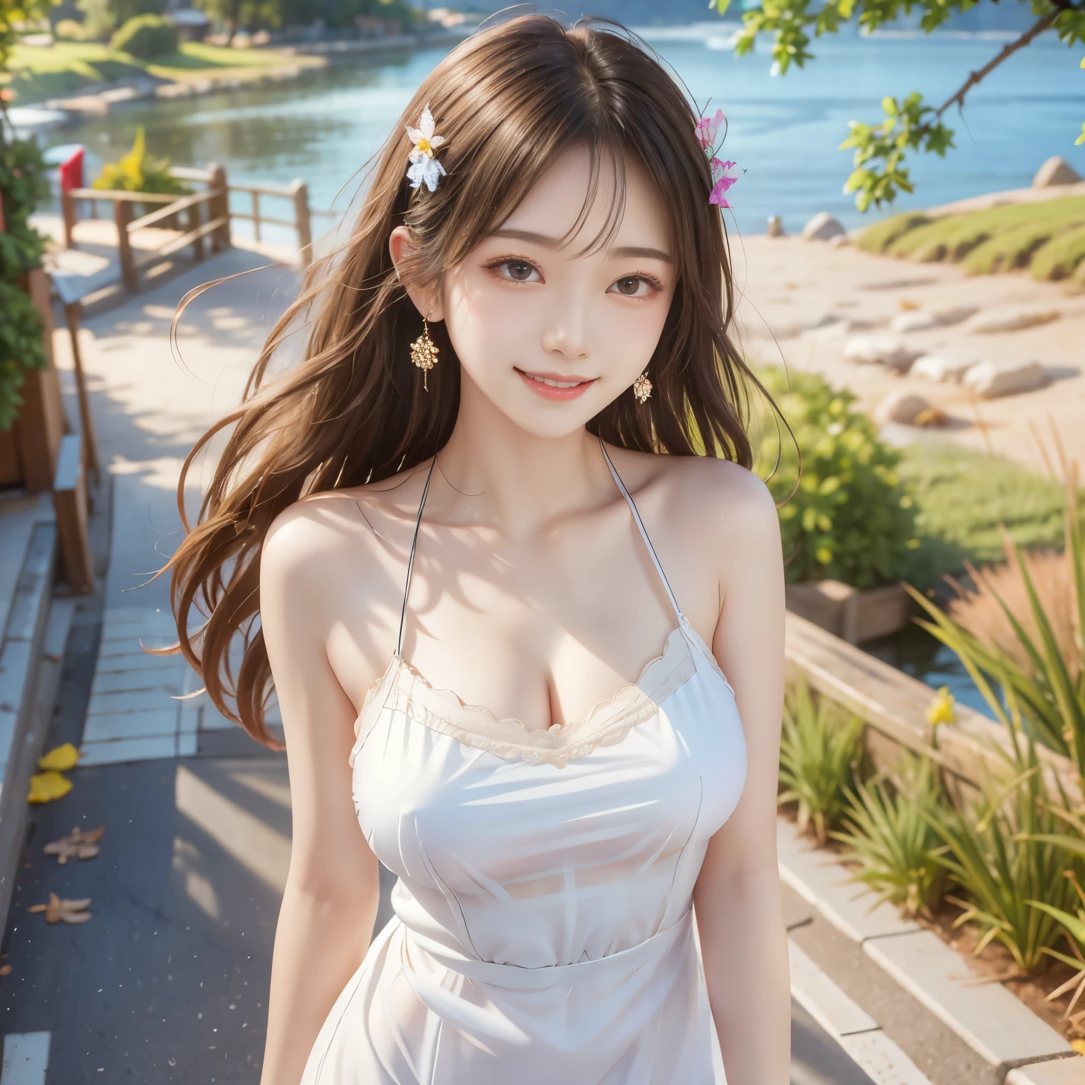 (Highest quality, 32k, High resolution, Masterpiece:1.5, ), marimo_jet, god々A photograph with brilliant dazzling and healing power., Evoking a sense of calm and elusive beauty, Expressing emotions, Have a rich imagination, The road to the horizon, Nostalgic scenery of youth, Beautiful Japanese Girls, An exceptionally beautiful face, Small Face Beauty, Perfect Human Anatomy, Magical big eyes, Motherhood and generosity, Deep Love, fleeting smile, ((Shiny brown hair:1.1)), ((A beautiful ponytail swaying in the wind)), Asymmetrical bangs, Hair between the eyes, Transparent, soft white skin, Sharp eyebrows, Thin lashes, Natural Makeup, Cheek highlighter, Pale pink detailed lips, (White floral tank top:1.4), High resolutionの美しい太もも, Beautiful legs, ((Walking the coastal highway:1.2)), ((The road to the horizon路)), Beautifully detailed skies, ((Shining in the morning sunlight)), Professional photographer, Professional Lighting, Professional models, God's Secret