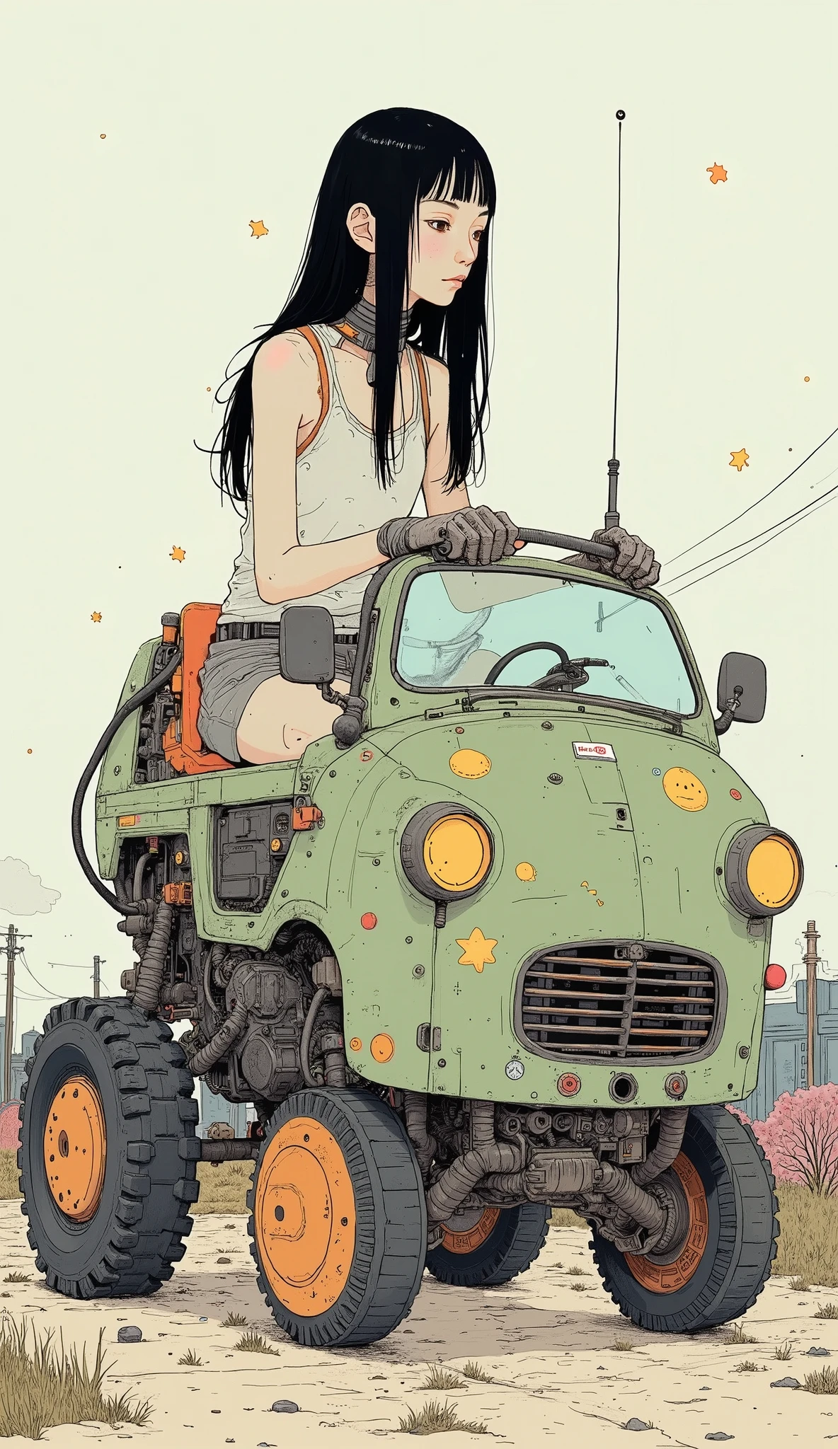 若い女性but創造的にデザインされた, I'm wearing a robotic vehicle similar to a mix of a car and a multi-legged robot. 乗り物は鮮やかな色but特徴です, suggest, green, orange. Sitting 。ヘッドライトやグリルなどの車のような要素butあります, but、The base is visible from decorative stickers such as stars and smiley faces on the surface of the vehicle、extends to large mechanical limbs that use treads for movement. women wear sleeveless tops、wears a robot vehicle with long black hair。. she's holding the car's handlebars, 彼女but操縦していると示唆している. design incorporating playful futuristic elements, as evident by decorative stickers like stars and smiley faces on the vehicle's surface. The overall scene is、whimsical, mostly in pastel shades of yellow,  imaginative setting , seems to be inspired by futuristic or fantasy themes.