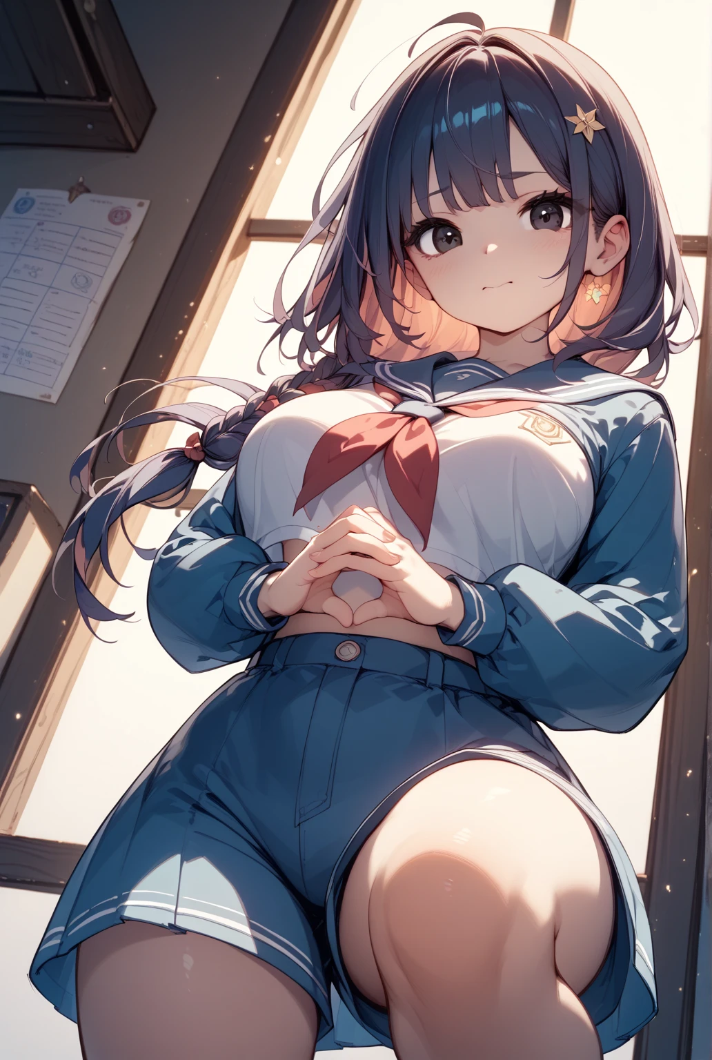 (masterpiece), (1 serious public discipline chairman: 1.3), (super thick and plump body: 1.3), (huge breasts and butt)), (small head: 1.2), (extremely small uniform)), (shiny skin: 1.2), (speech while crouching on the schoolyard morning stand))