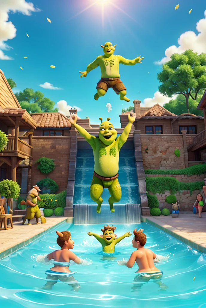 Yoda and Shrek competing in the swimming Olympics