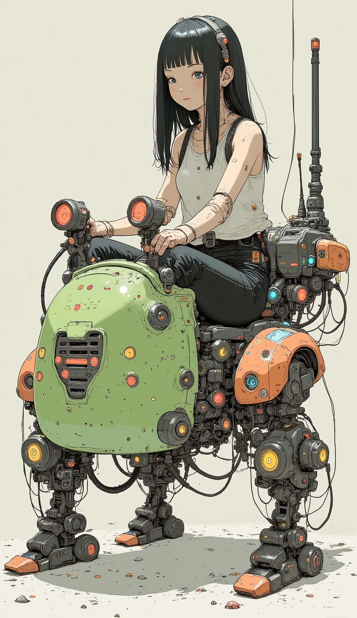 若い女性but創造的にデザインされた, I'm wearing a robotic vehicle similar to a mix of a car and a multi-legged robot. 乗り物は鮮やかな色but特徴です, suggest, green, orange. Sitting 。ヘッドライトやグリルなどの車のような要素butあります, but、The base is visible from decorative stickers such as stars and smiley faces on the surface of the vehicle、extends to large mechanical limbs that use treads for movement. women wear sleeveless tops、wears a robot vehicle with long black hair。. she's holding the car's handlebars, 彼女but操縦していると示唆している. design incorporating playful futuristic elements, as evident by decorative stickers like stars and smiley faces on the vehicle's surface. The overall scene is、whimsical, mostly in pastel shades of yellow, imaginative setting , seems to be inspired by futuristic or fantasy themes.