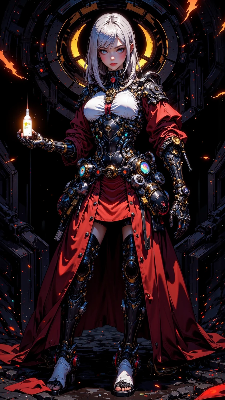 The picture shows a (cute) Adeptus Mechanicus girl. Her gaze is penetrating, and her face is hidden under a mask with monitors and LEDs. Graceful mechanical limbs complete her elegant appearance, and her outfit emphasizes her strength and uniqueness in the world of technology, big head, cute girl, red cloak , laughing, (((chibi)), ful body, full legth,
