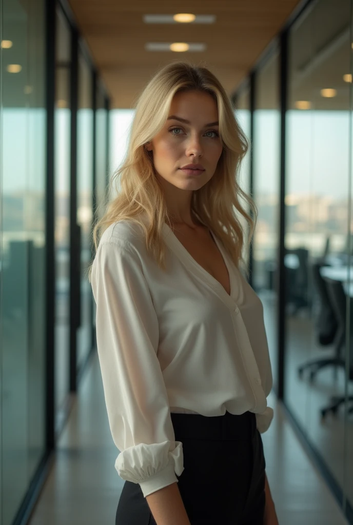 Blonde bombshell , ponytail hair, wearing only a large white tshirt, sitting on an office in a hotel room a sexy pose photo