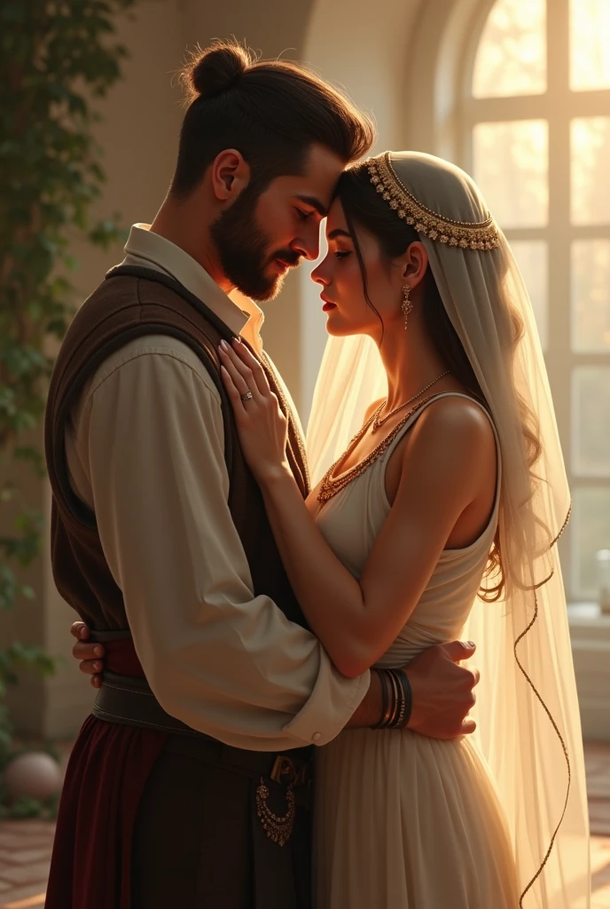 A maiden in white gown and a veil over her face, and a man with short hair and handsome face in a mid western dress both holding each other's hands romantically in a drastic scene where they are tied to a tree looking at each other and the tree is set on blazing fire 