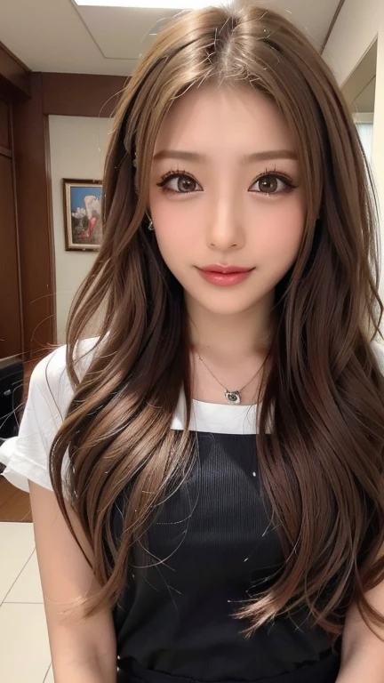 Best quality, 8k, ,Masterpiece :1.3)), facing viewer,((full body1.2)) ,pretty woman, wide shot ,1girl, , selfie , , Hair salon, brown hair , bangs,ultra-detailed face, highly detailed lips, detailed eyes, double eyelid