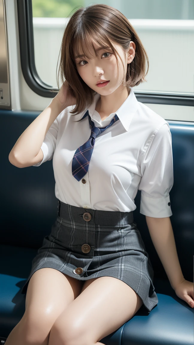 (((Accentuate your sexy bust:1.75)))、(((Sexy Knee High:1.35)))、((((Emphasizes sexy crotch:1.35)))、((((Spread your legs wide、Touching the thigh、Show your crotch、thin pubic hair sticks out、large pointy breasts))))、((Boyfriend and girlfriend having sex in cowgirl position:1.5))、((Sexual pose:1.5))、((Spread legs POV:1.5))、、Browsing Caution、(Humans are biologically correct、reference) 、 Lose extra limbs Slim limbs Extra digits Mutated hands and fingers fusion Fingers slim Bad hands Long ugly Body anatomy Bad deformation Bad deformation No extra breasts、Not Futanari、(Tabletop, Highest quality:1.2), 8k, 15-year-old student, 85mm, Official Art, RAW Photos, Absurd, White dress shirt, Pretty face, close, Upper Body, Violet, Gardenias, beautiful girl, school uniform, (Navy Pleated Skirt:1.2), Cinch waist, Thighs Thighs Thighs Thighs, Short sleeve, in the train, sit on bench seat, View your viewers, No makeup, Thin fingers, Film Grain, chromatic aberration, Sharp focus, Face Light, Bright lighting, Teen, Detailed face, Bokeh Background, (Dark red bow tie:1.1)
