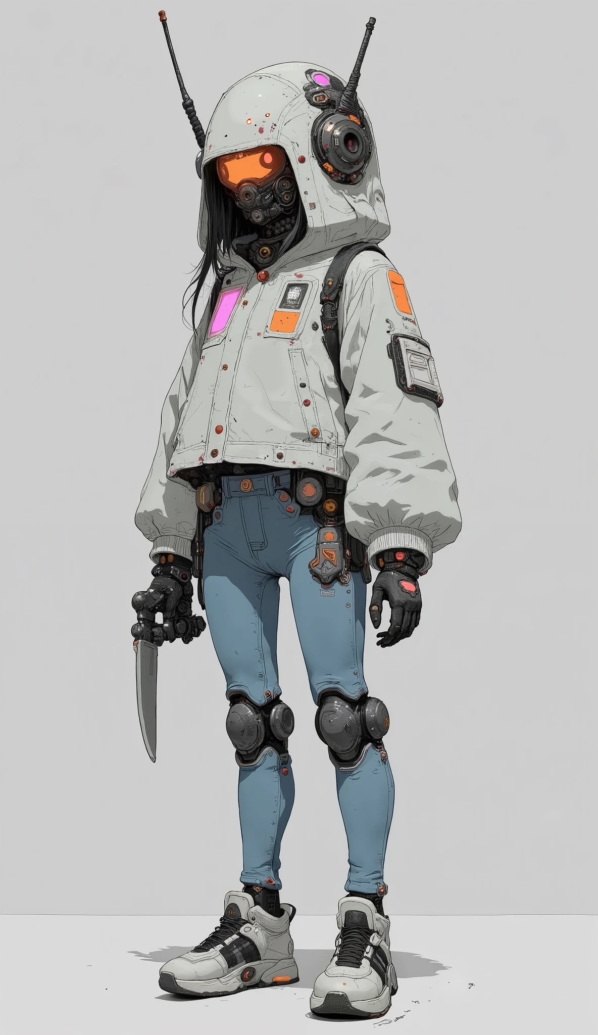 has attractive characters that fit perfectly in the light, Light Grey Background , blends futuristic robotics elements with modern fashion. The upper body is occupied by a helmet reminiscent of Gundam、, on a simple, and make you feel the influence of sci-fi and anime. This robot headpiece、Gundam Head、Fluffy, calm gray winter jacket with an angular visor and antennas, orange and pink rectangles for contrast Decorated with patches of, an urban streetwear aesthetic Emphasizes. The character's legs are wearing blue jeans with sturdy knee pads, reflect practicality and protection、, possibility of preparation or action、, casual sneakers held in one hand. knife, Grasped with one hand , adding traditional yet dynamic details、, suggests、. Overall Composition 、combines fantastic elements of mechanical design with everyday urban wardrobes, unique , It's a hybrid illustration that expresses both modernity and imagination.