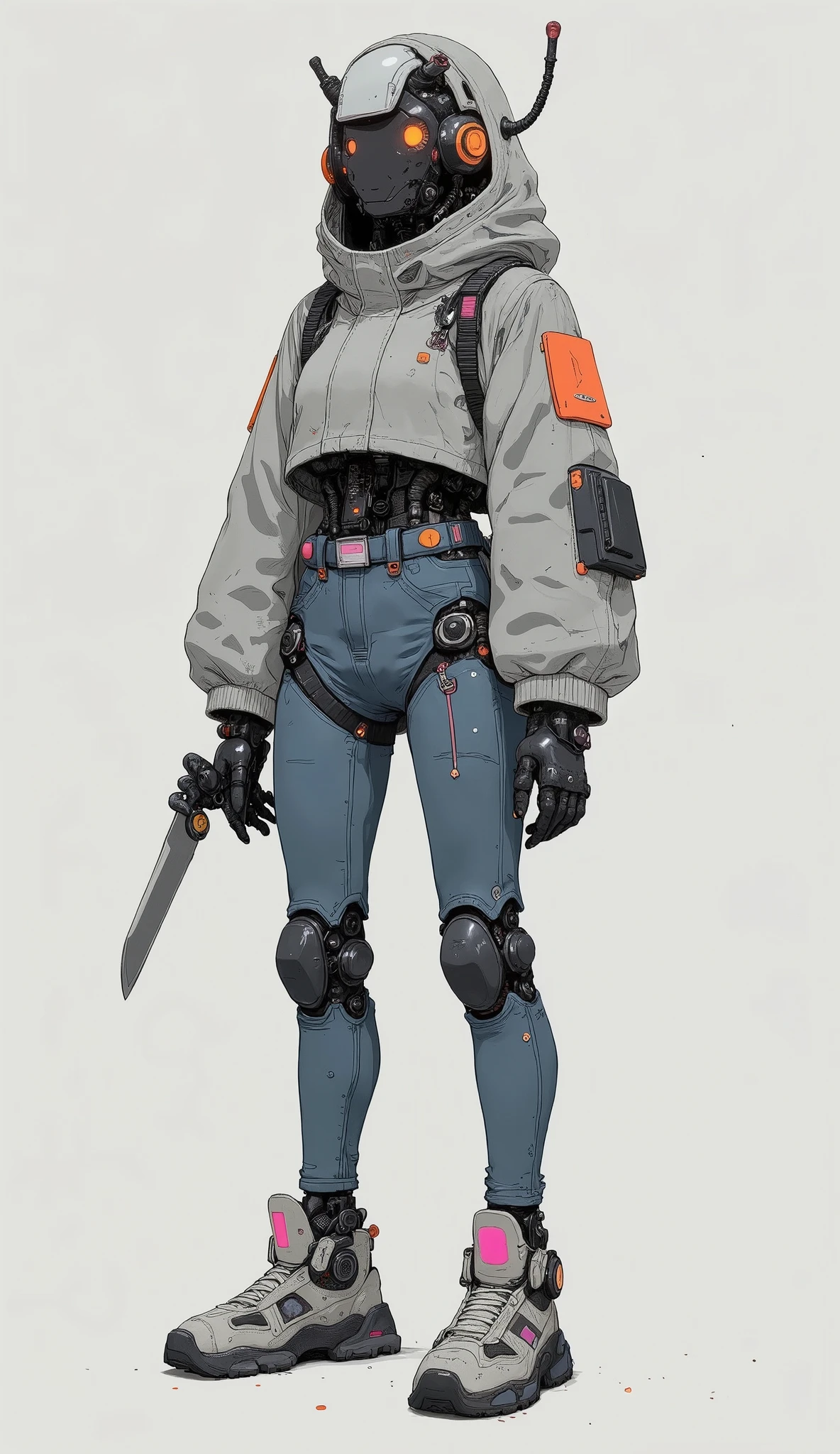 has attractive characters that fit perfectly in the light, Light Grey Background , blends futuristic robotics elements with modern fashion. The upper body is occupied by a helmet reminiscent of Gundam、, on a simple, and make you feel the influence of sci-fi and anime. This robot headpiece、Gundam Head、Fluffy, calm gray winter jacket with an angular visor and antennas, orange and pink rectangles for contrast Decorated with patches of, an urban streetwear aesthetic Emphasizes. The character's legs are wearing blue jeans with sturdy knee pads, reflect practicality and protection、, possibility of preparation or action、, casual sneakers held in one hand. knife, Grasped with one hand , adding traditional yet dynamic details、, suggests、. Overall Composition 、combines fantastic elements of mechanical design with everyday urban wardrobes, unique , It's a hybrid illustration that expresses both modernity and imagination.