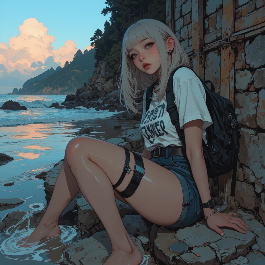 A woman on the ground on her hands and knees screaming, she has scaled pastel light blue Dousan wings coming out of her back, the settings on the mountains