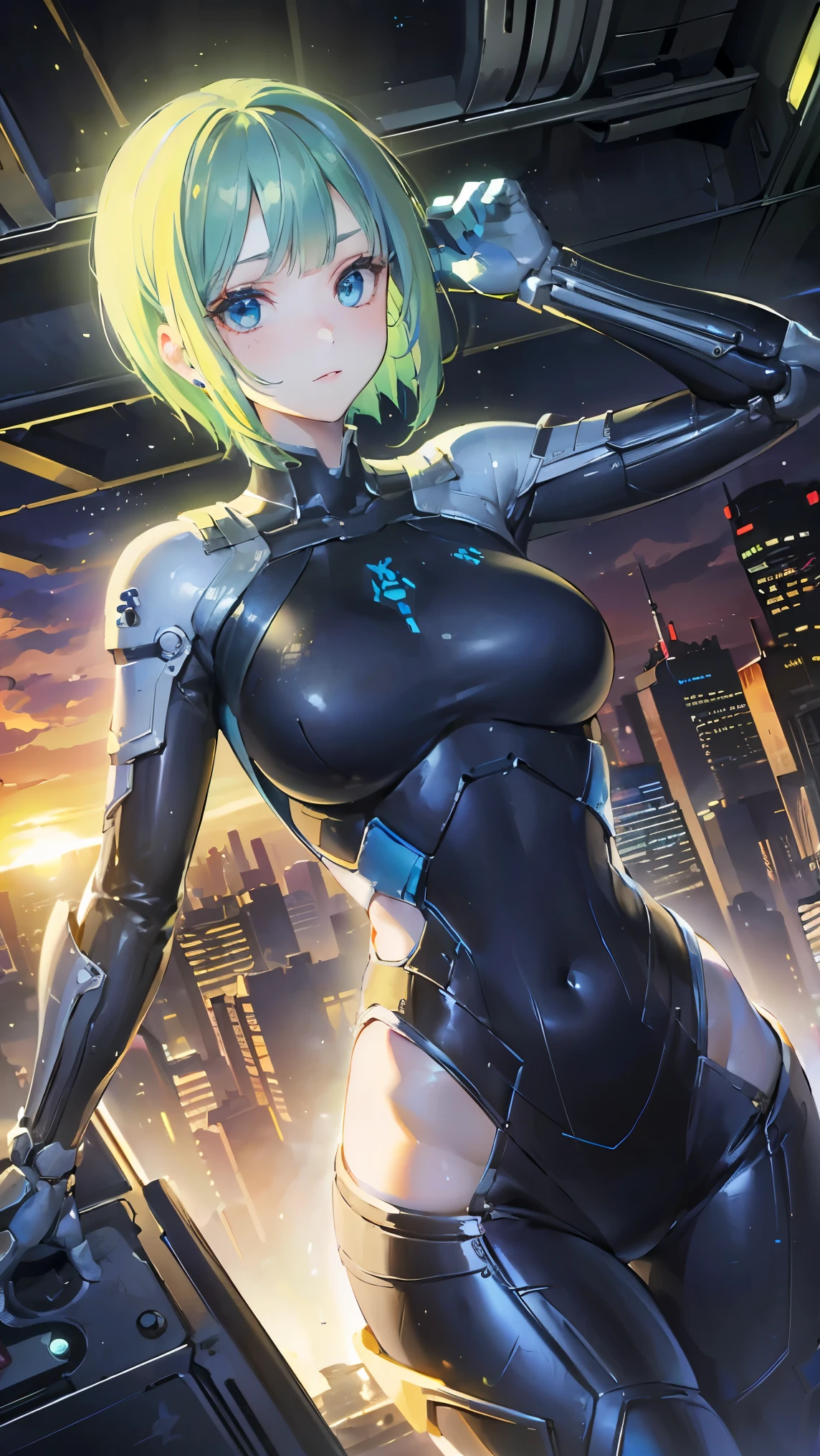 (((Highest Quality, 8k, masterpiece: 1.3)), ((Highest Quality)), ((masterpiece)), (details), perfect face, Perfect Body, (details skin:1.3), (複雑なdetails), Sci-fi continues to shine, Android, Mechanical Arm, Metal body, streamlined body , long lime green hair , Shining to the tip, abandoned cities and buildings, sunset, cyberspace, 高機能な機械の体がShining to the tip,sexy body line,crotch plasma glows blue,