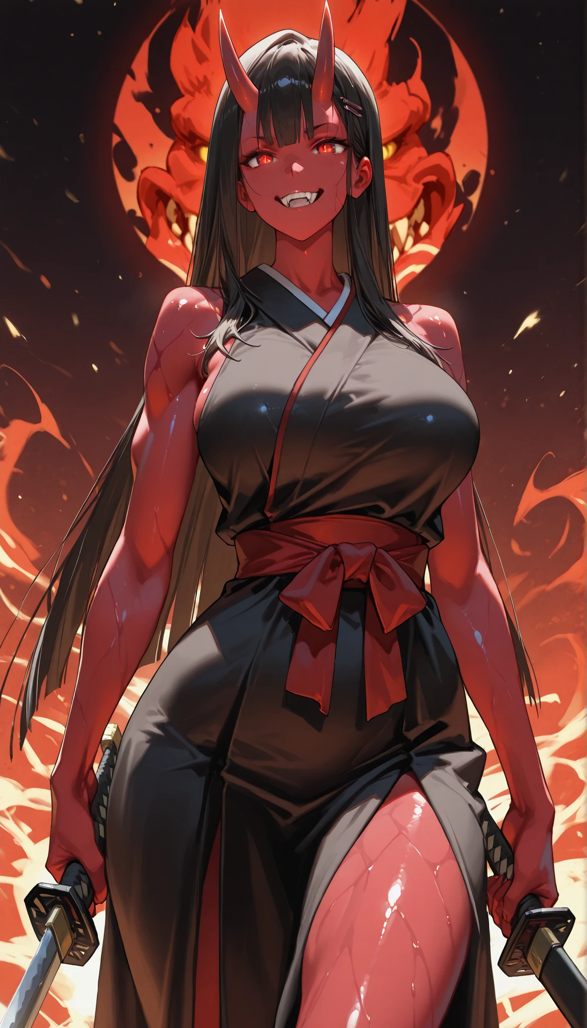 A Female(Japanese Oni),mature face,Oni Horns,Red Glowing pupil,big grin,(big fangs:1.1),(black Long straight hair,straight ban,Hairpin),(Wearing a Black kimono)(Sleeveless:1.2),(Muscular,Slim body),curvy thighs,(holding One red Samurai sword In Her Hand),Cloro-toned fair skin,(Shiny Skin,Red Skin),anime, anime style, UHD, retina, accurate, masterpiece, anatomically correct, textured skin, high details, high quality, 16k, 1080P, highres,Cowboy Shot,Flame background