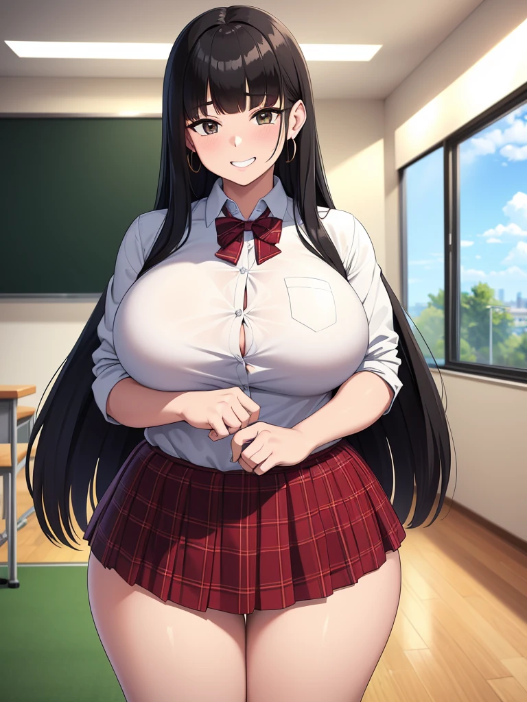 sexy girl, huge breasts, large breasts, curvy, black hair (straight bangs), brown eyes, long hair, female , school plaid short skirt, earrings, grinning, standing, classroom, indoor, solo focus, bright day, crowd of people, (multiple students)