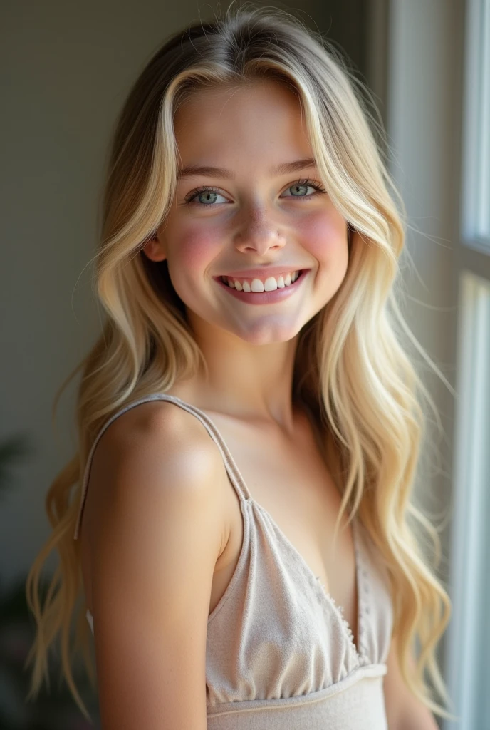 Girl with long,medium-blond hair and green eyes and wearing a white long T-shirt