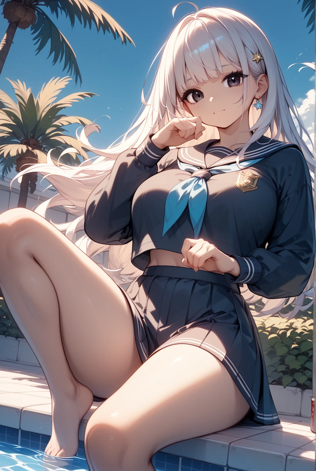 (master_piece, high_quality, beautiful, super delicate, absurdres:1.2), 1girl, mature, 16 years old, beautiful face, ahoge, hair fluttering in the wind, white hair, blue eye, (sailor suit, long skirt, The wind is blowing, Skirt flipped up, I can see your underwear, skirt that flipped in the wind, skirt billowing, I can see your underwear, wind lift:1.2), port, (clear water, gemstone sea:1.2), Ship in the distance, The trails that planes make, blue sky, Sunshine, street in the distance,