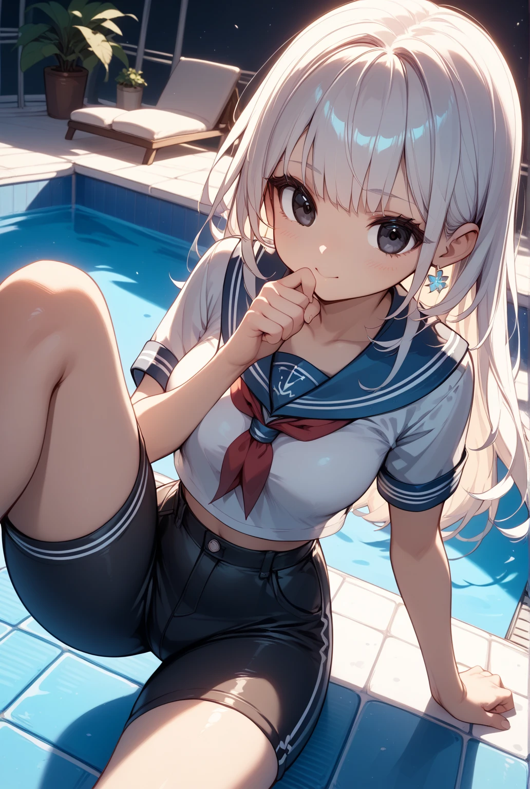 1 lady, HD quality, anime, solo full body shot, (sitting with hands back:1.5), (open legs to limit:1.5), (with one knee up:1.3), showing pubic area:, (under boob:1.6), Large breasts, (cleavage), smiling, (thin thighs:1.3), (Sailor uniform only for the upper body:1.5), (without skirt), (Crop Top sheer white shirt:1.5), (sleeveless:1.6), without brassiere, (white tiny micro thong:1.7), poolside, (Green detailed eyes), blue sailor collar, red ribbon tie