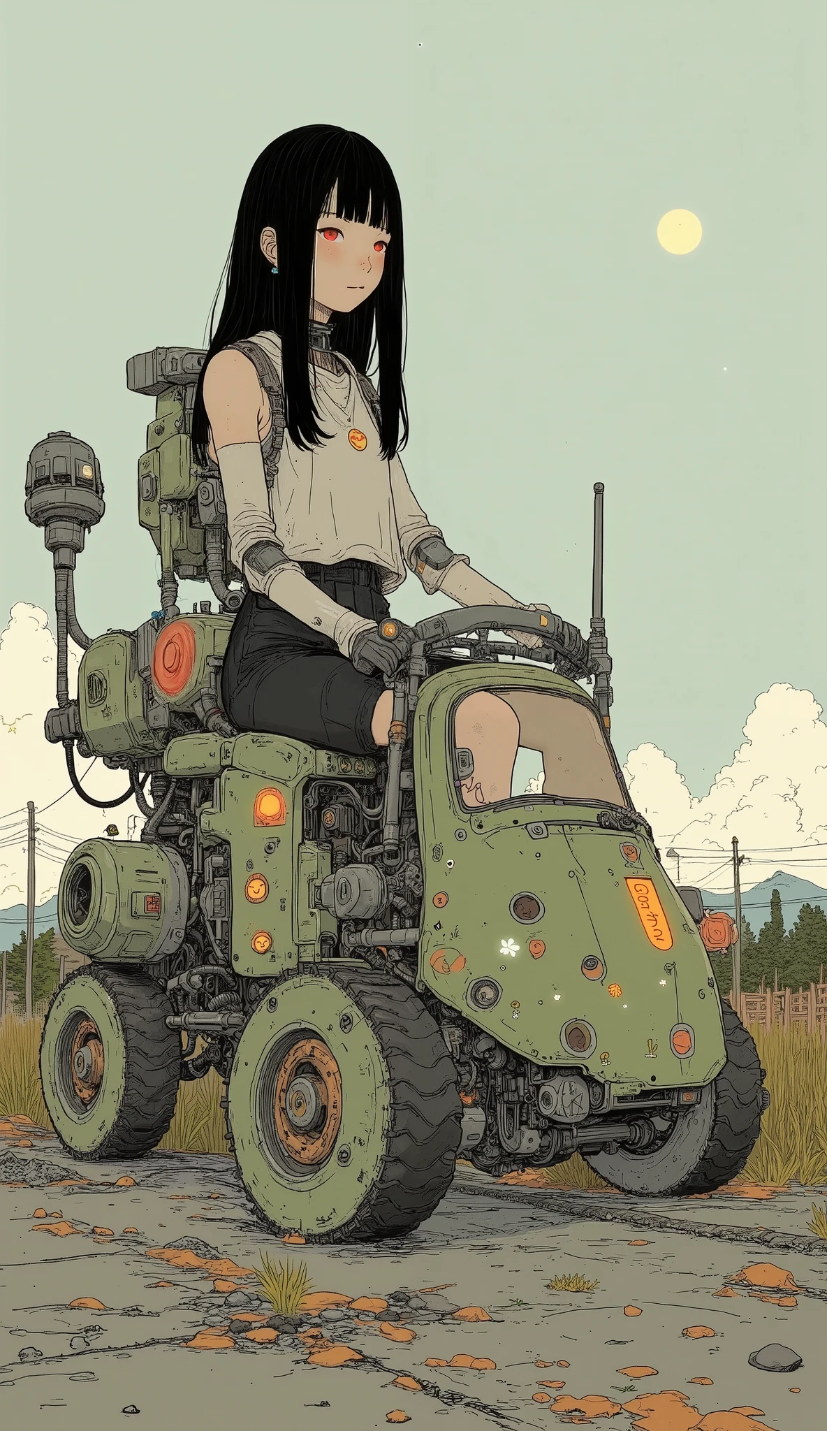 若い女性but創造的にデザインされた, I'm wearing a robotic vehicle similar to a mix of a car and a multi-legged robot. 乗り物は鮮やかな色but特徴です, suggest, green, orange. Sitting 。ヘッドライトやグリルなどの車のような要素butあります, but、The base is visible from decorative stickers such as stars and smiley faces on the surface of the vehicle、extends to large mechanical limbs that use treads for movement. women wear sleeveless tops、wears a robot vehicle with long black hair。. she's holding the car's handlebars, 彼女but操縦していると示唆している. design incorporating playful futuristic elements, as evident by decorative stickers like stars and smiley faces on the vehicle's surface. The overall scene is、whimsical, mostly in pastel shades of yellow, imaginative setting , seems to be inspired by futuristic or fantasy themes.