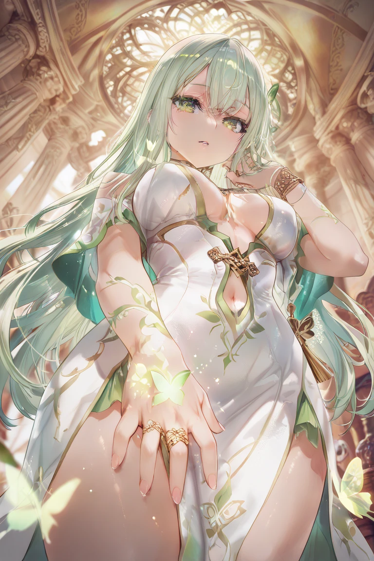 1 busty girl, (librarian in heaven ), Navel upward shot, Eternal, Smile quietly, Smart and serious expression, Natural cheeks, super beautiful, perfect body figure, middlebreast, tthin eyebrows, A thin body , top-quality, Wearing a white long-sleeved dress with lots of ruffles, Intricately patterned fabrics, Decorative shiny jewelry, Extra-long hair, Light green hair, straight, straight bangs, She wears big sleek hairpins on her head, In a huge library with many bookshelves, The sun is shining outside the window, 8K, ultra - detailed, tmasterpiece,