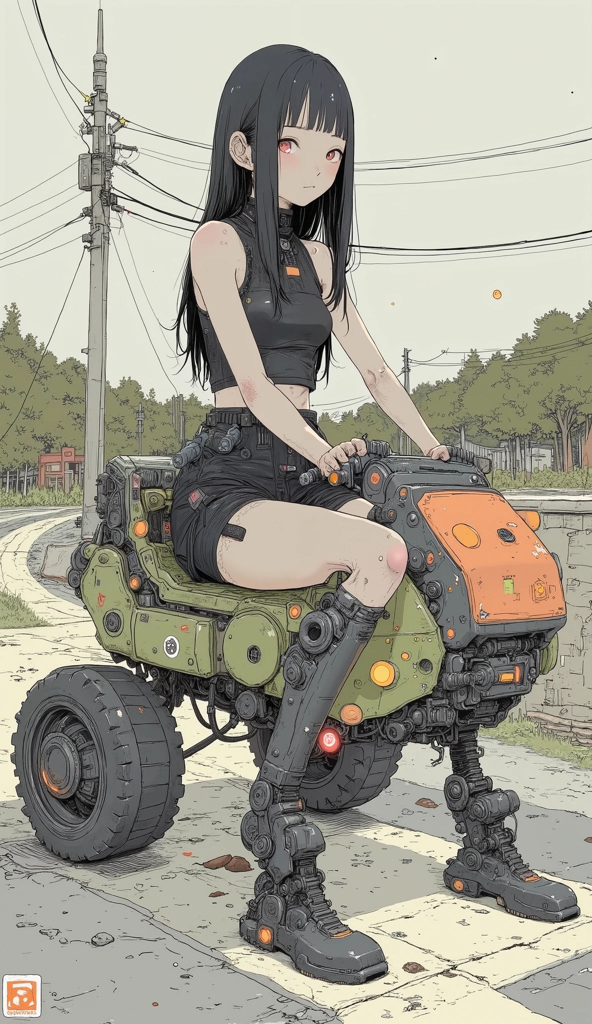 若い女性but創造的にデザインされた, I'm wearing a robotic vehicle similar to a mix of a car and a multi-legged robot. 乗り物は鮮やかな色but特徴です, suggest, green, orange. Sitting 。ヘッドライトやグリルなどの車のような要素butあります, but、The base is visible from decorative stickers such as stars and smiley faces on the surface of the vehicle、extends to large mechanical limbs that use treads for movement. women wear sleeveless tops、wears a robot vehicle with long black hair。. she's holding the car's handlebars, 彼女but操縦していると示唆している. design incorporating playful futuristic elements, as evident by decorative stickers like stars and smiley faces on the vehicle's surface. The overall scene is、whimsical, mostly in pastel shades of yellow, imaginative setting , seems to be inspired by futuristic or fantasy themes.