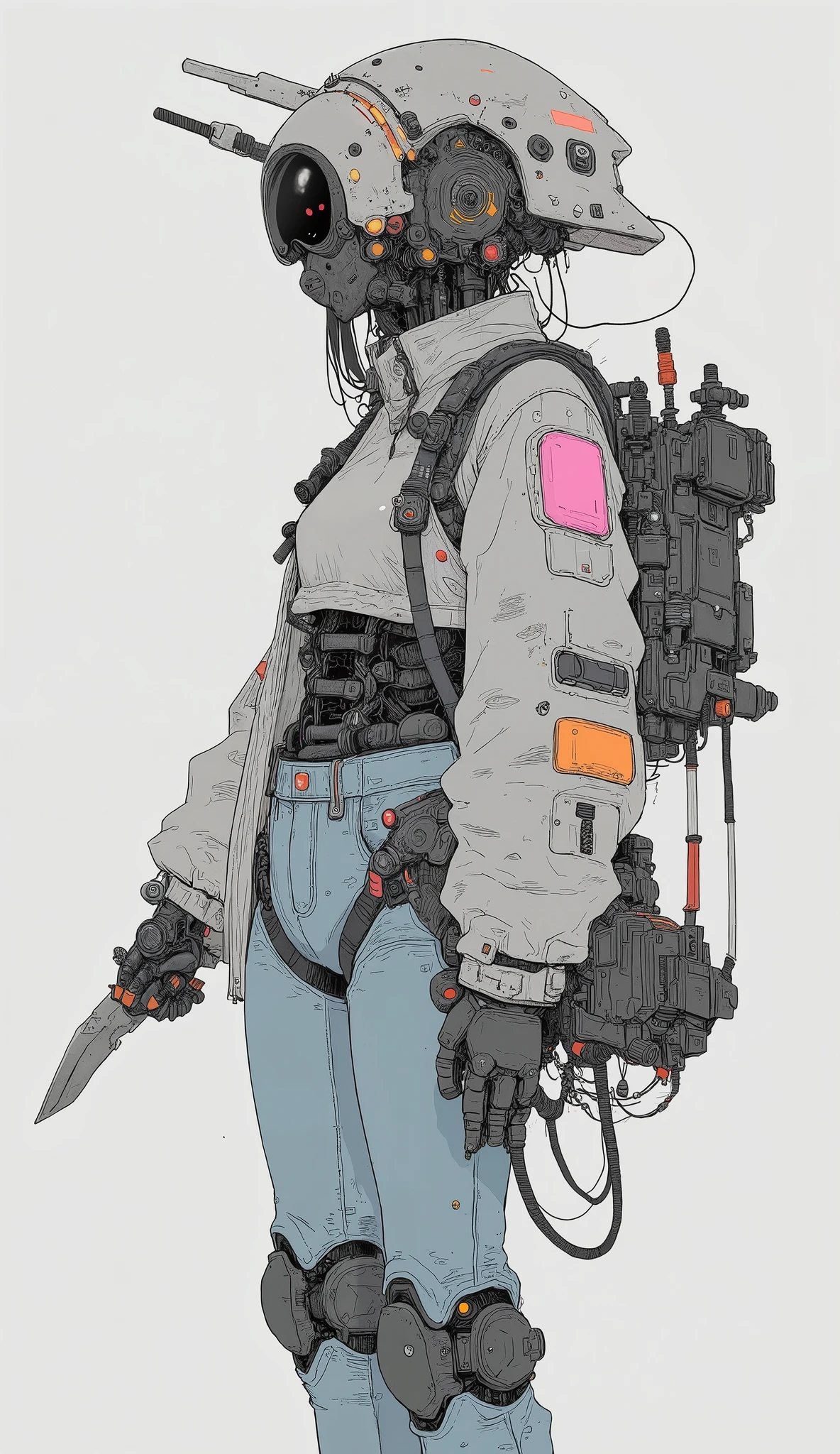has attractive characters that fit perfectly in the light, Light Grey Background , blends futuristic robotics elements with modern fashion. The upper body is occupied by a helmet reminiscent of Gundam、, on a simple, and make you feel the influence of sci-fi and anime. This robot headpiece、Gundam Head、Fluffy, calm gray winter jacket with an angular visor and antennas, orange and pink rectangles for contrast Decorated with patches of, an urban streetwear aesthetic Emphasizes. The character's legs are wearing blue jeans with sturdy knee pads, reflect practicality and protection、, possibility of preparation or action、, casual sneakers held in one hand. knife, Grasped with one hand , adding traditional yet dynamic details、, suggests、. Overall Composition 、combines fantastic elements of mechanical design with everyday urban wardrobes, unique , It's a hybrid illustration that expresses both modernity and imagination.