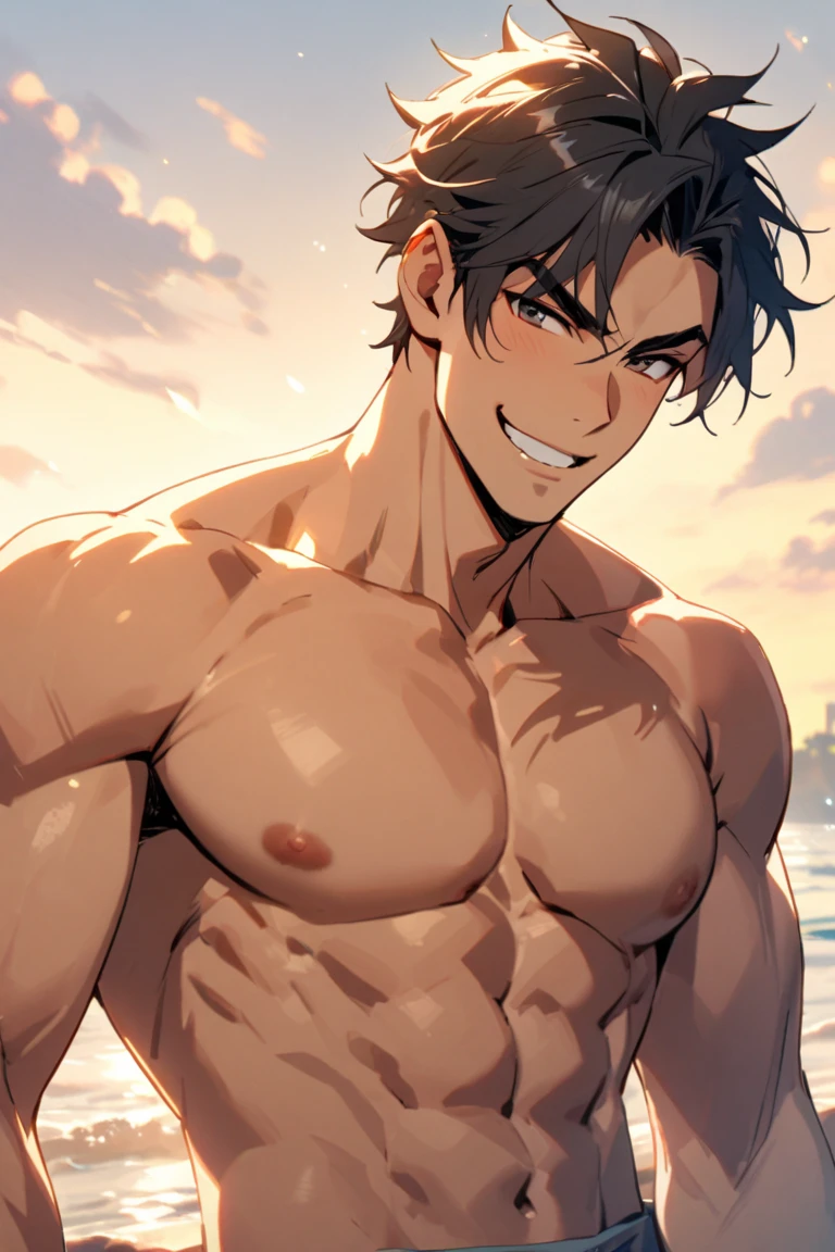 high quality,flexing, (soro japanese  boy:1.5), (detailed eyes), (black long hair), (muscle:1.5), nakeark wet skin), (detailed puffy nip), bla thong, bulge, smirk, looking at viewer,