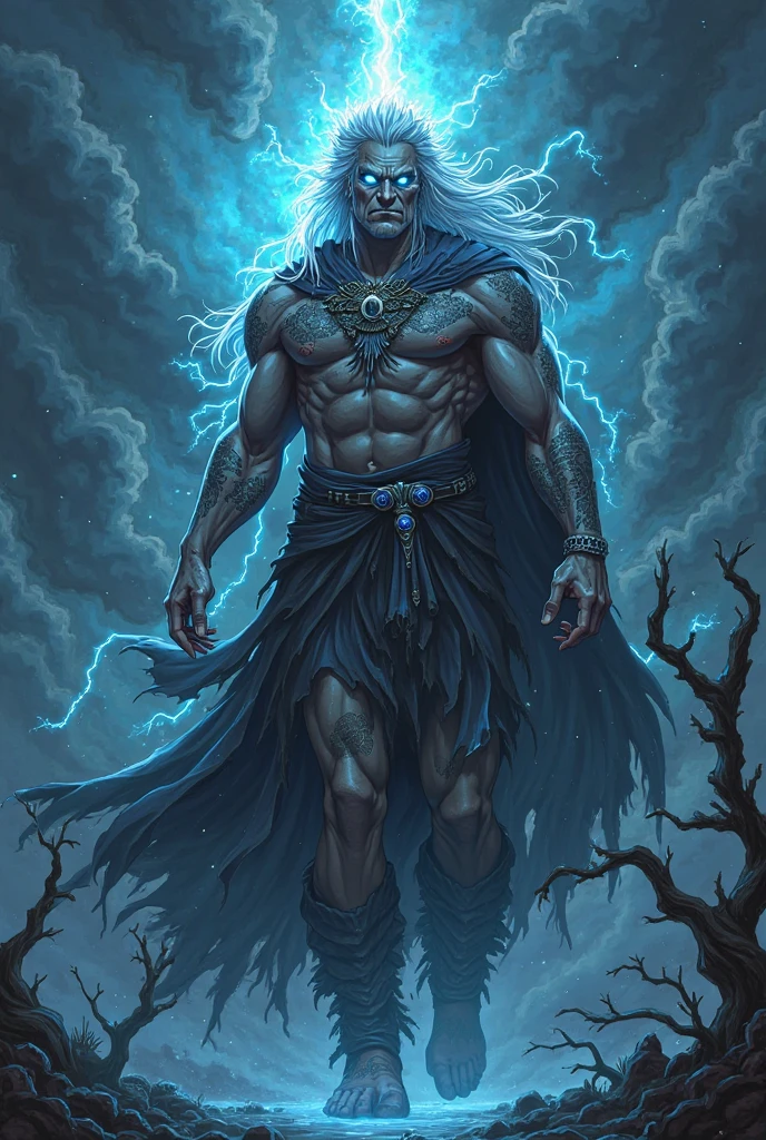 , peau d'ébène, silver hair, yeux blancs lumineux, cracked body, magic silver crack, powerful aura emanates from him, angry face, torse nu, Muscle, atmosphère plaine fertile, shadowy, vent. 