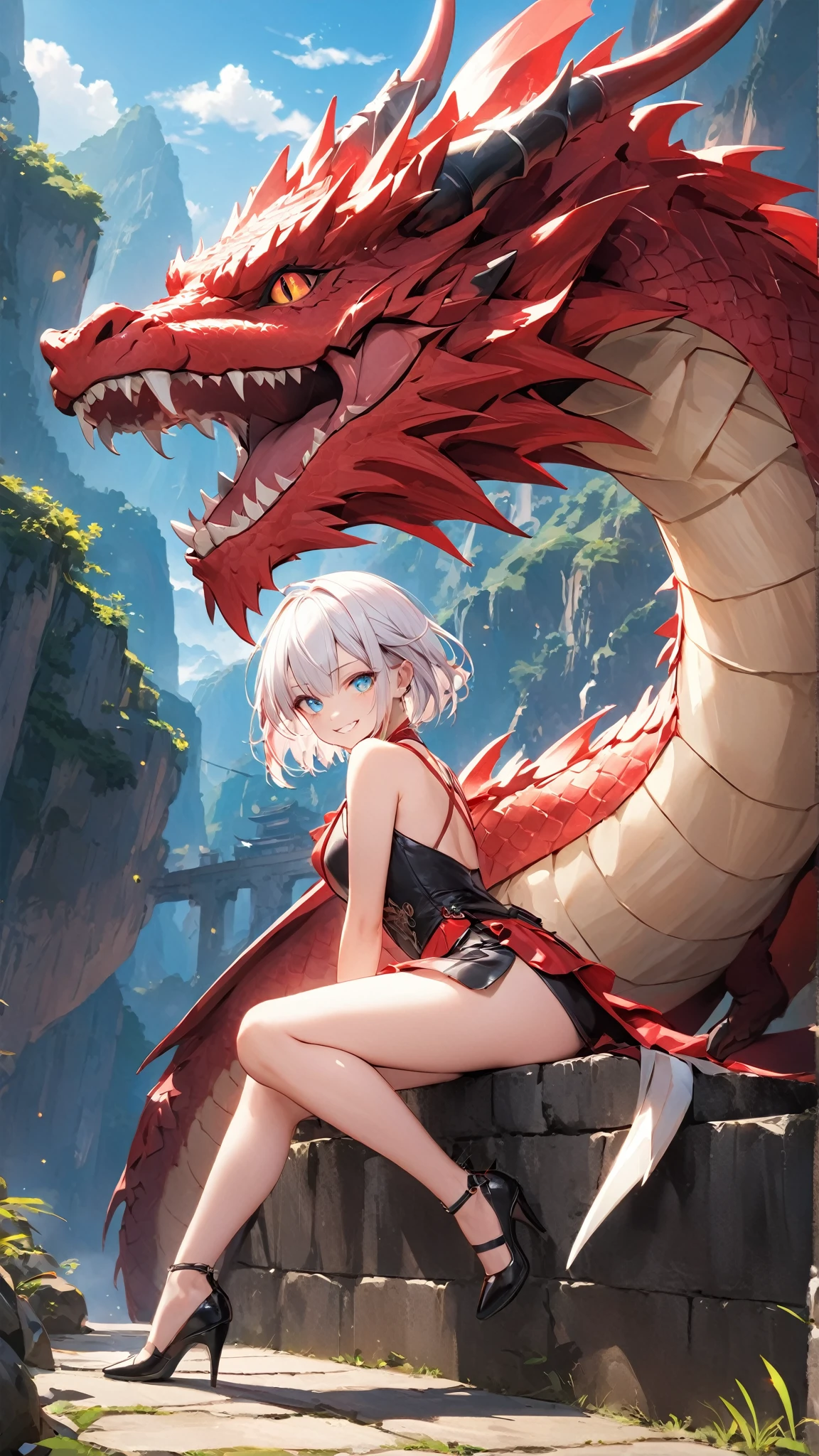 gray hair, red eyes, long hair, female , Ancient dragon-like dragon, D cup, bikini